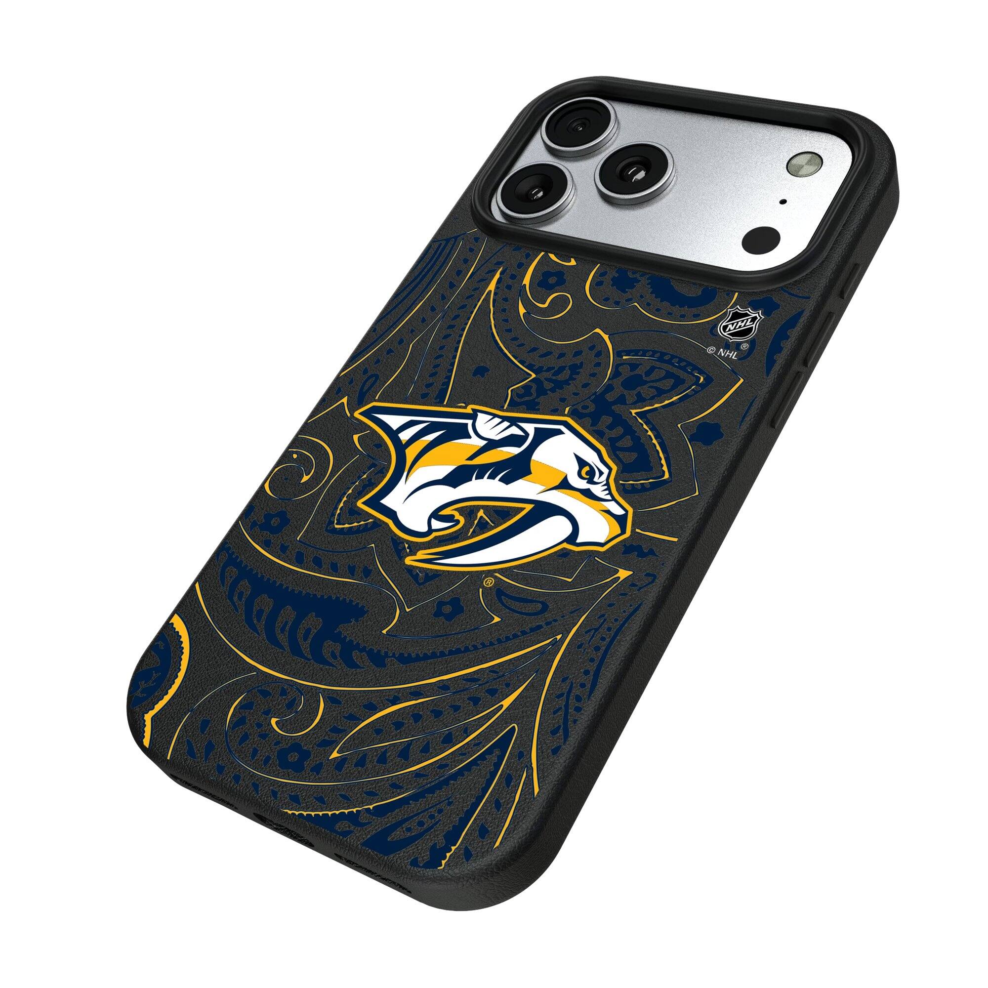 Alt View 1. Keyscaper - Black Nashville Predators Paisley iPhone Magnetic Bump Case - 16 Plus - Black.