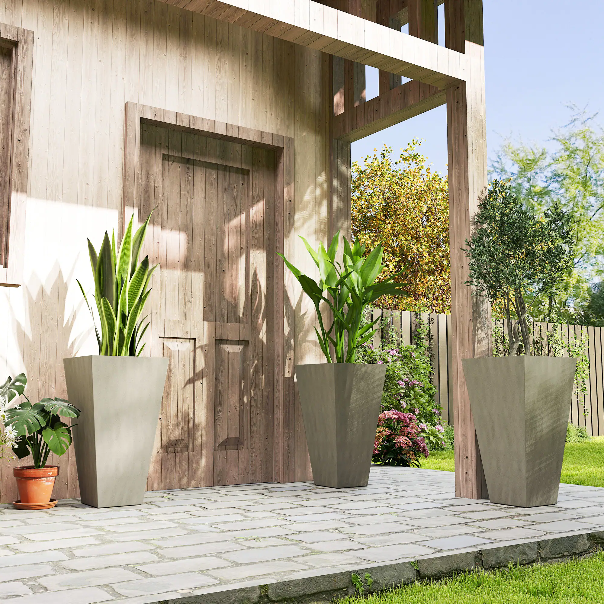 Alt View 1. Outsunny - Planters for Outdoor Plants Set of 3, 28 In Taper Planters with Drainage Holes, Indoor Grande Plant Pots - Grey.