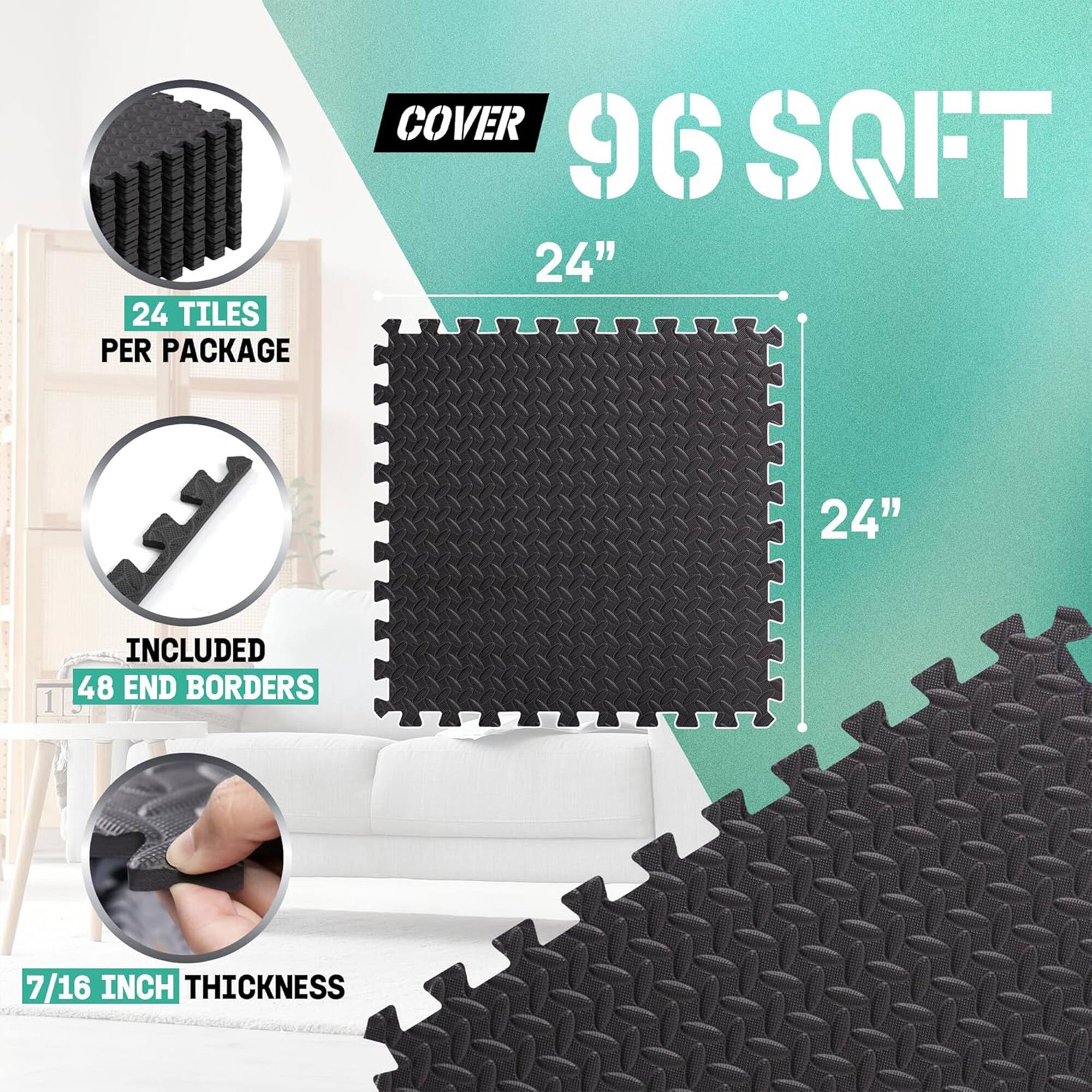 24 tiles per package. Included 48 end borders. Cover 96 sqft. 24" x 24". 7/16 inch thickness.