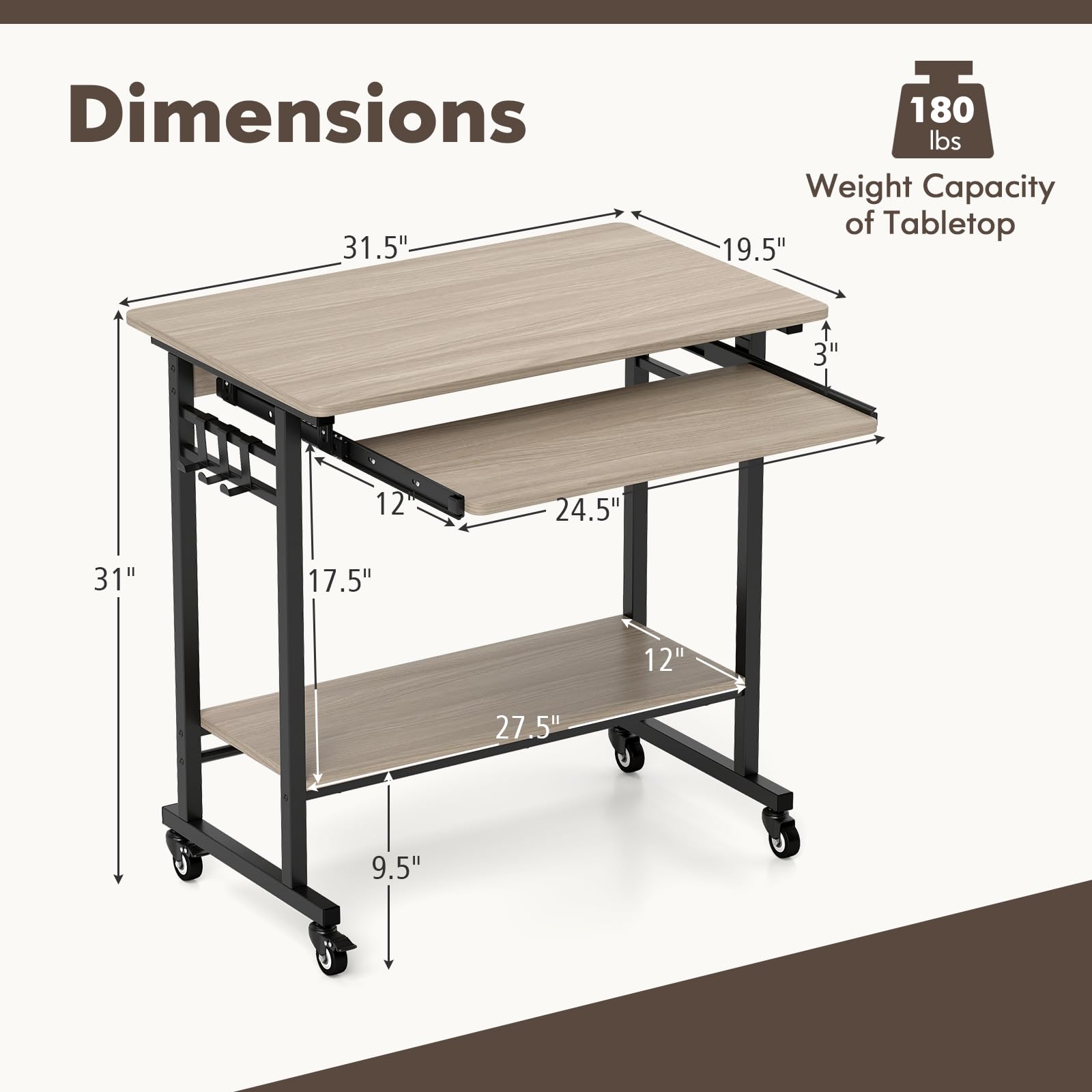 Dimensions:  
- 31.5"  
- 19.5"  
- 3"  
- 12"  
- 24.5"  
- 31"  
- 17.5"  
- 12"  
- 27.5"  
- 9.5"  

Weight Capacity of Tabletop: 180 lbs