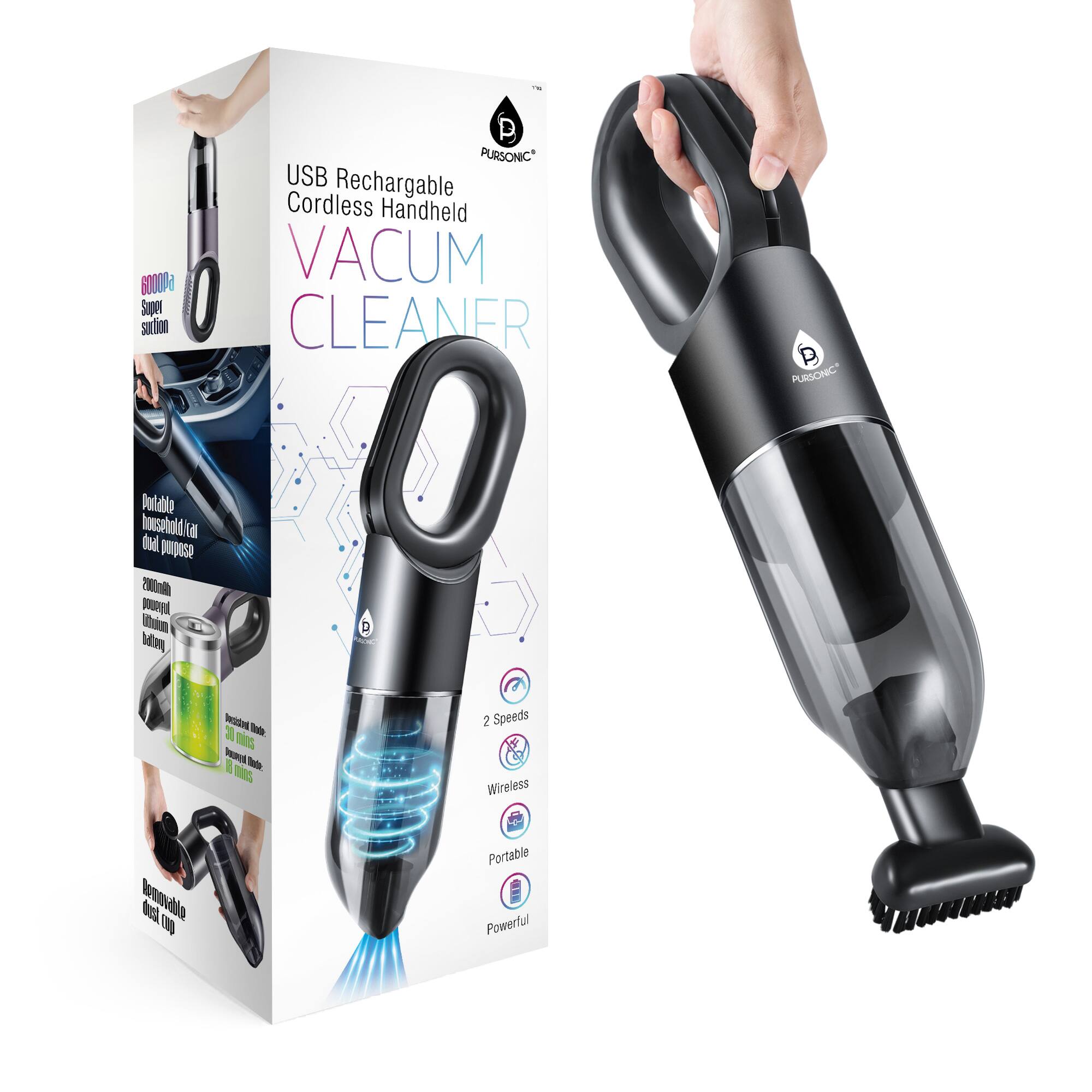 Pursonic - USB RECHARGEABLE CORDLESS HANDHELDS VACUUM CLEANER - Black