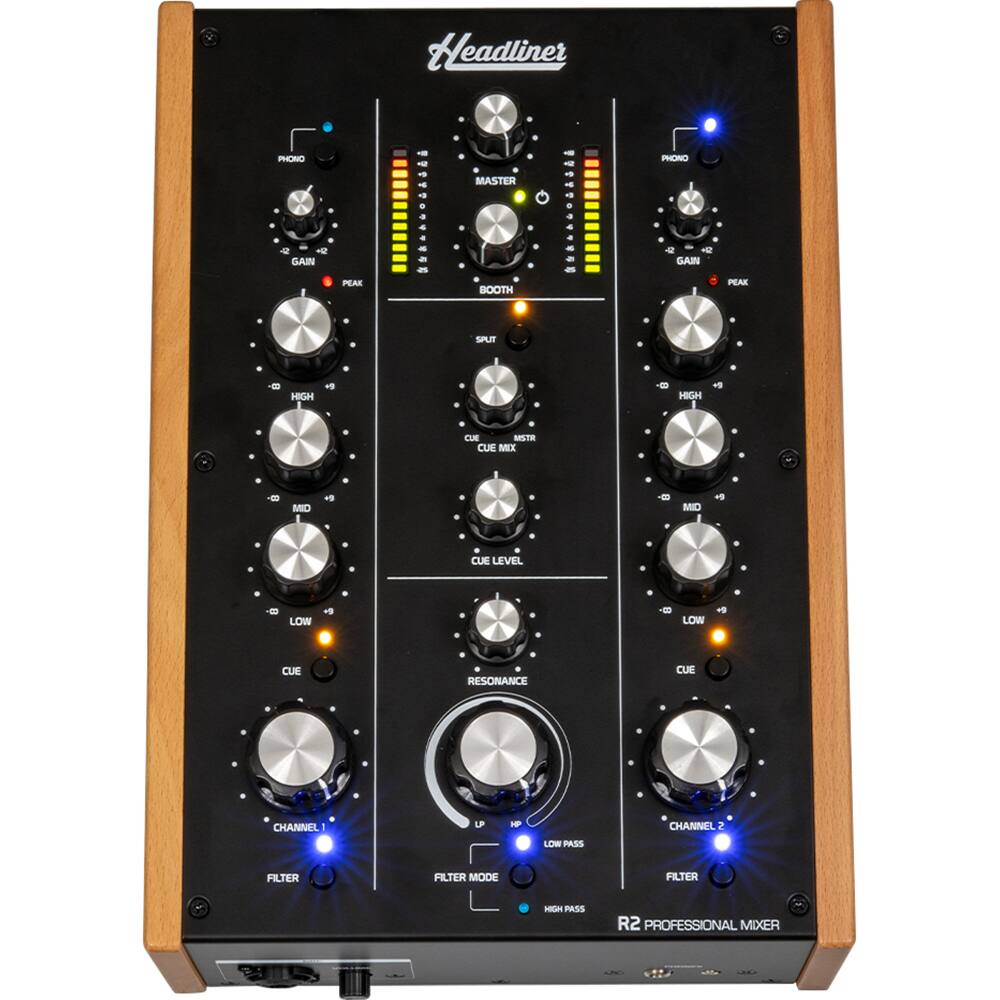 Headliner R2 Professional Mixer

- PHONO 1
  - GAIN
  - PEAK
  - HIGH
  - MID
  - LOW
  - CUE LEVEL
  - CUE
  - RESONANCE
  - FILTER
  - FILTER MODE
  - CHANNEL 1
  - LP LOW PASS
  - HP HIGH PASS

- PHONO 2
  - GAIN
  - PEAK
  - HIGH
  - MID
  - LOW
  - CUE LEVEL
  - CUE
  - RESONANCE
  - FILTER
  - FILTER MODE
  - CHANNEL 2
  - LP LOW PASS
  - HP HIGH PASS

- MASTER
  - GAIN
  - PEAK
  - BOOTH
  - MIXSTR
  - SPLIT
  - CUE MIX
  - CUE LEVEL
  - CUE

- R2 PROFESSIONAL MIXER