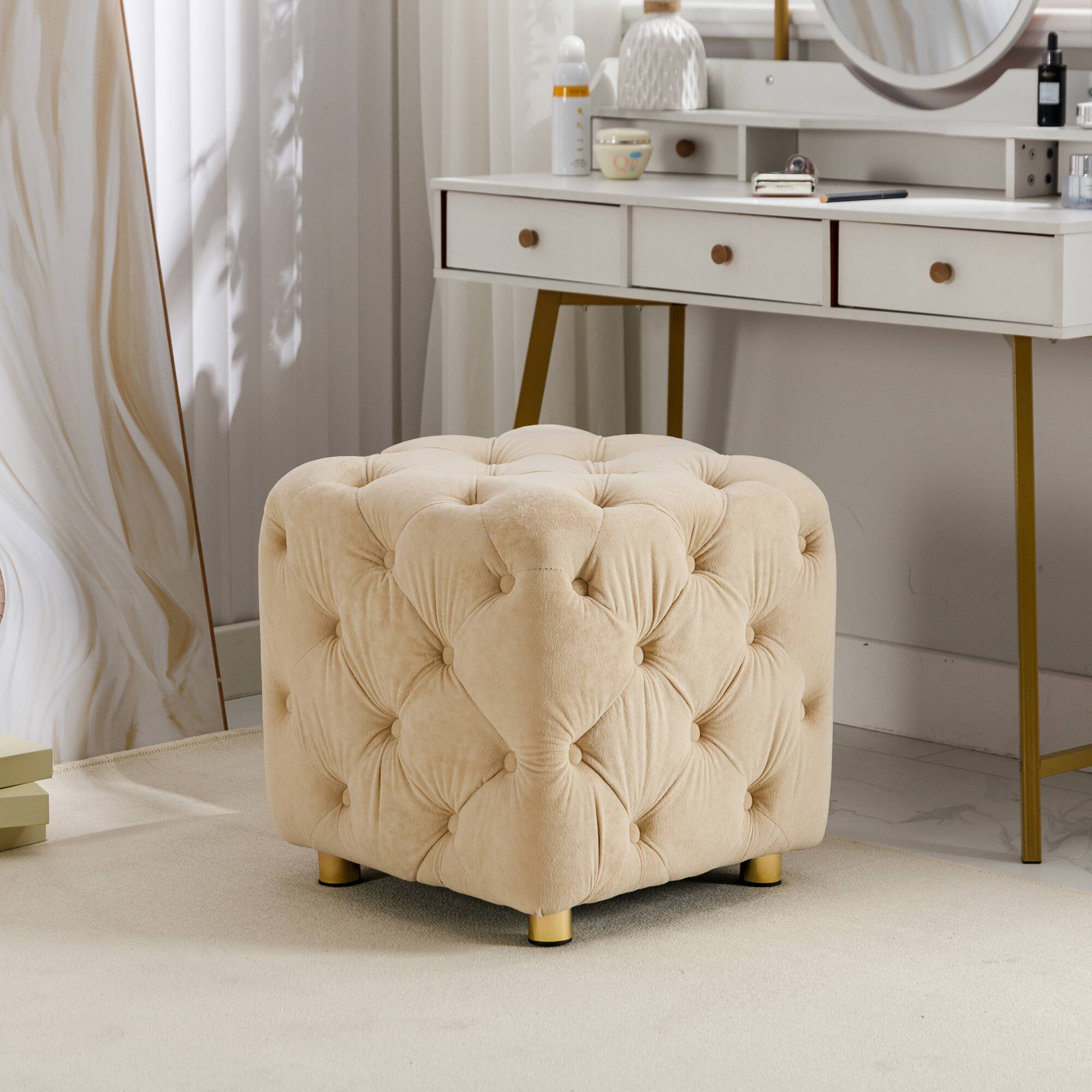 Left. GOODSILO - Modern Velvet Upholstered Ottoman with Storage, Versatile Foot Stool and End Table for Living Room and Bedroom - Beige.