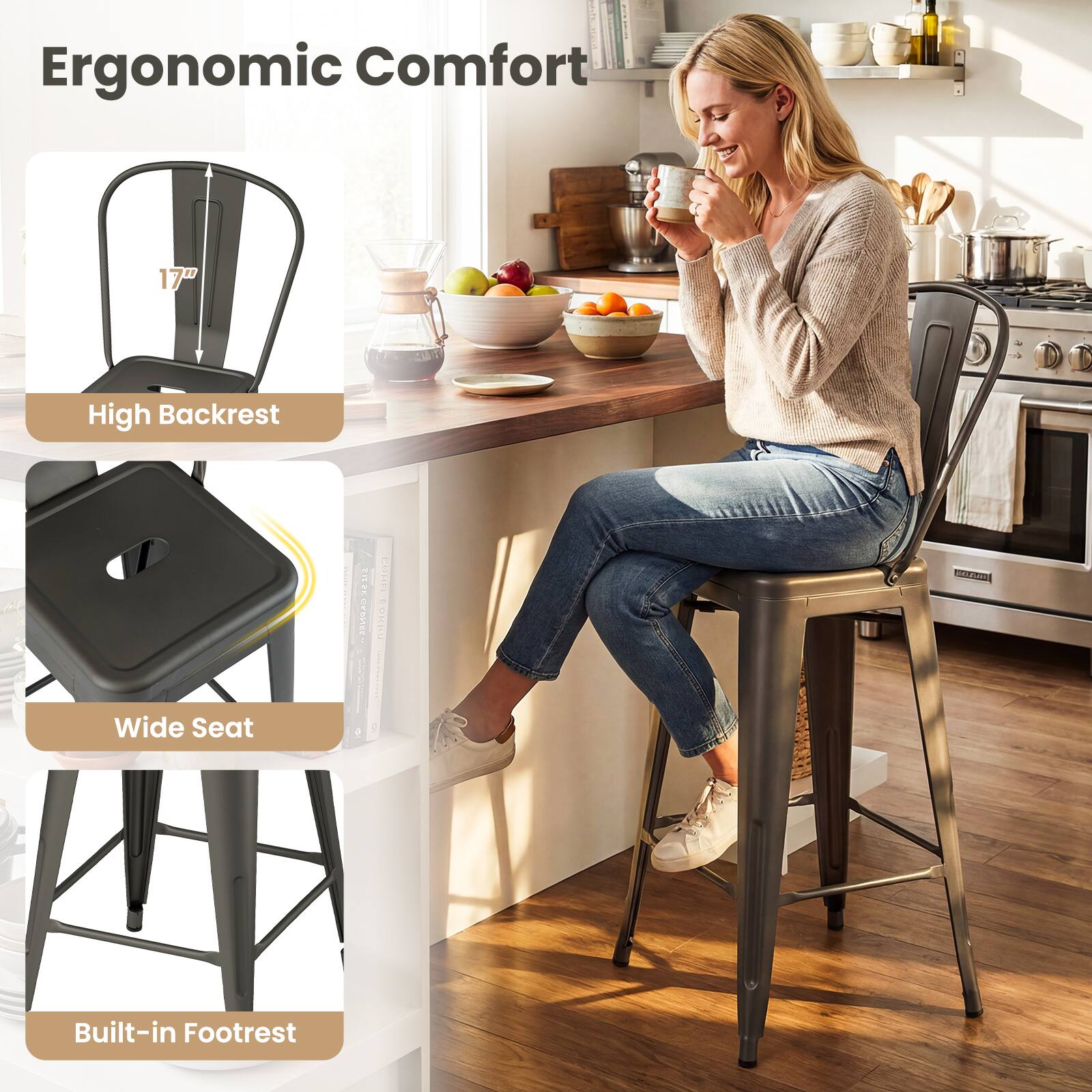 Ergonomic Comfort  
17" High Backrest  
Wide Seat  
Built-in Footrest