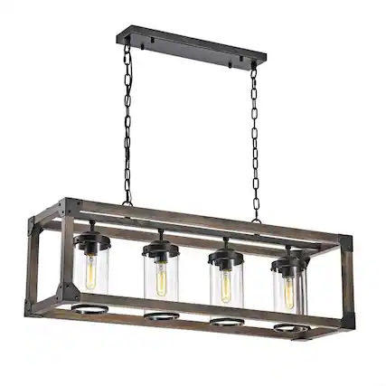 Front. Hivvago - 4 Light Adjustable Dimmable Rectangle Chandelier with Wrought Iron Accents - Rustic Brown, Black.