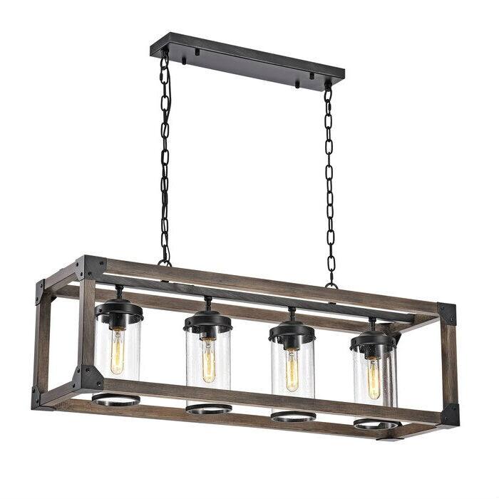 Front. Hivvago - 4 Light Adjustable Dimmable Rectangle Chandelier with Wrought Iron Accents - Rustic Brown, Black.