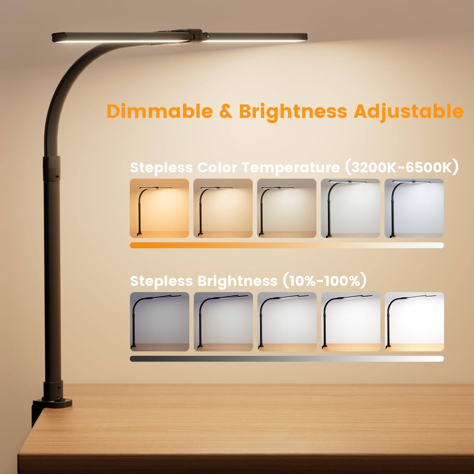 Dimmable & Brightness Adjustable

Stepless Color Temperature (3200K-6500K)

Stepless Brightness (10%-100%)