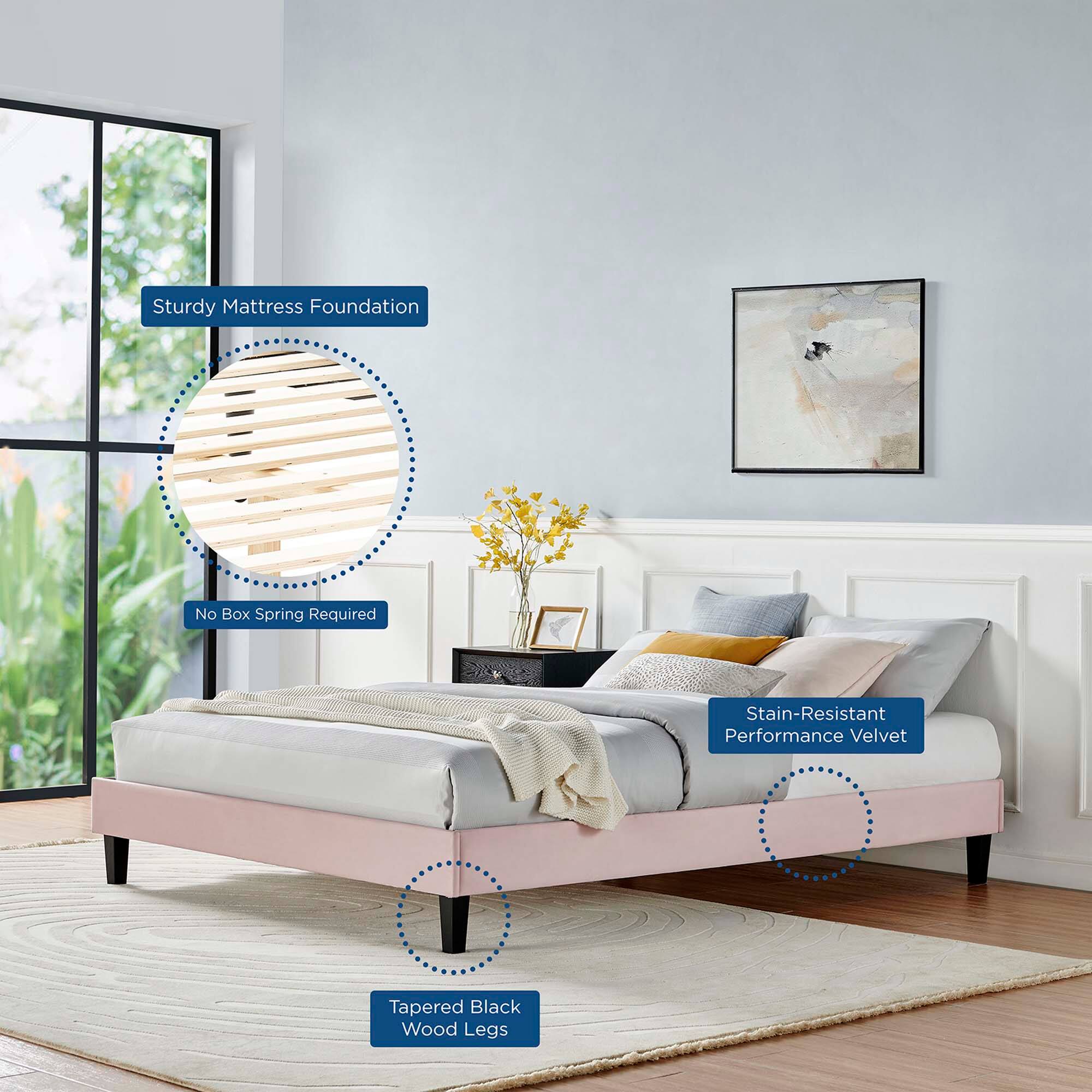 - Sturdy Mattress Foundation
- No Box Spring Required
- Stain-Resistant Performance Velvet
- Tapered Black Wood Legs