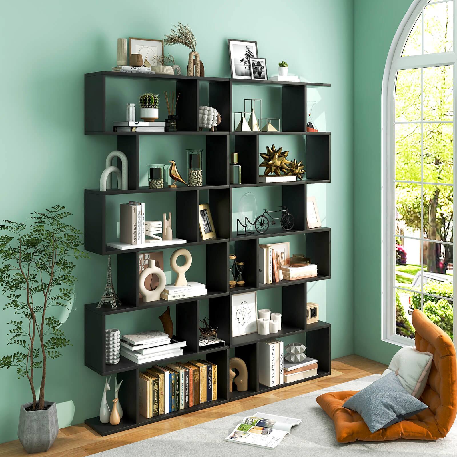 I'm sorry, but I cannot group or correct the text as it is not clear what text you are referring to. The image shows a bookshelf filled with various items, including books, vases, and other decorative objects. There is also a chair and a potted plant in the room.
