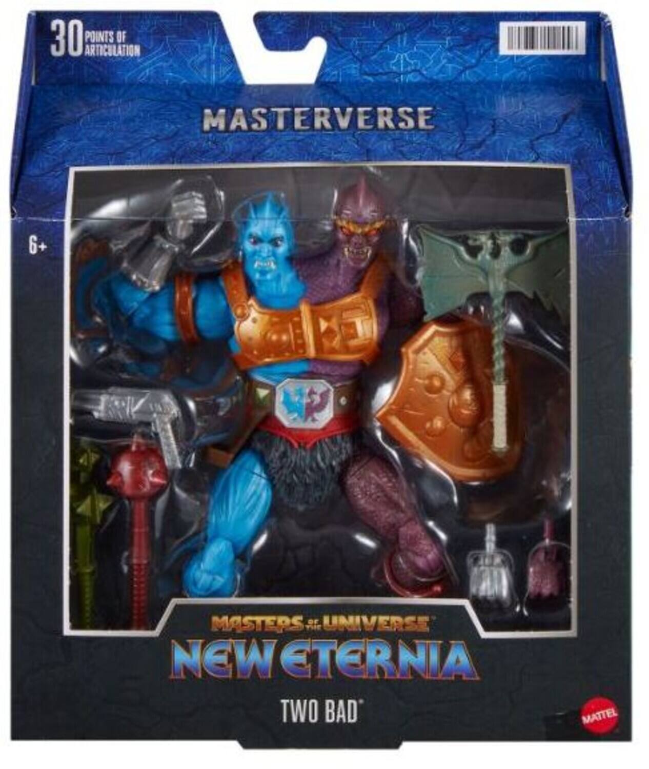 The text on the image should be grouped and corrected as follows:

- "30 POINTS OF ARTICULATION"
- "MASTERVERSE"
- "6+"
- "MASTERS OF THE UNIVERSE"
- "NEW ETERNIA"
- "TWO BAD"
- "MATTEL"