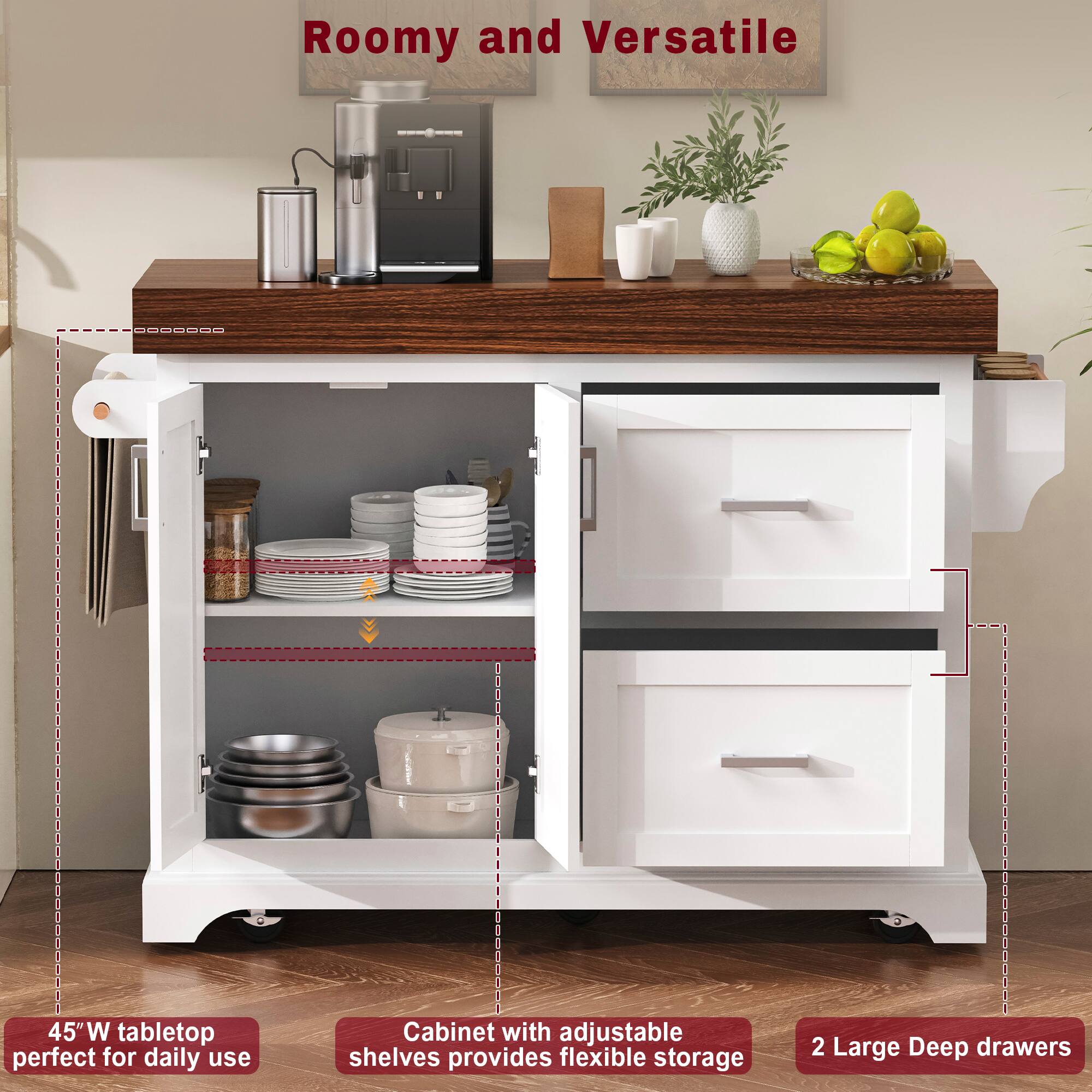 Roomy and Versatile

45"W tabletop perfect for daily use

Cabinet with adjustable shelves provides flexible storage

2 Large Deep drawers