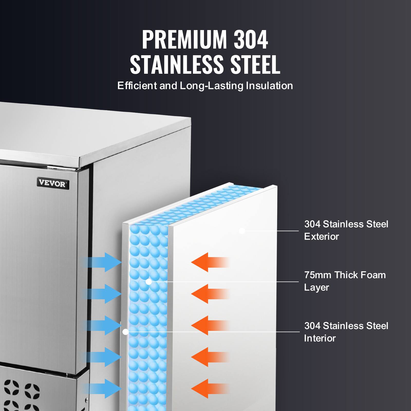 PREMIUM 304 STAINLESS STEEL  
Efficient and Long-Lasting Insulation

VEVOR

304 Stainless Steel Exterior  
75mm Thick Foam Layer  
304 Stainless Steel Interior