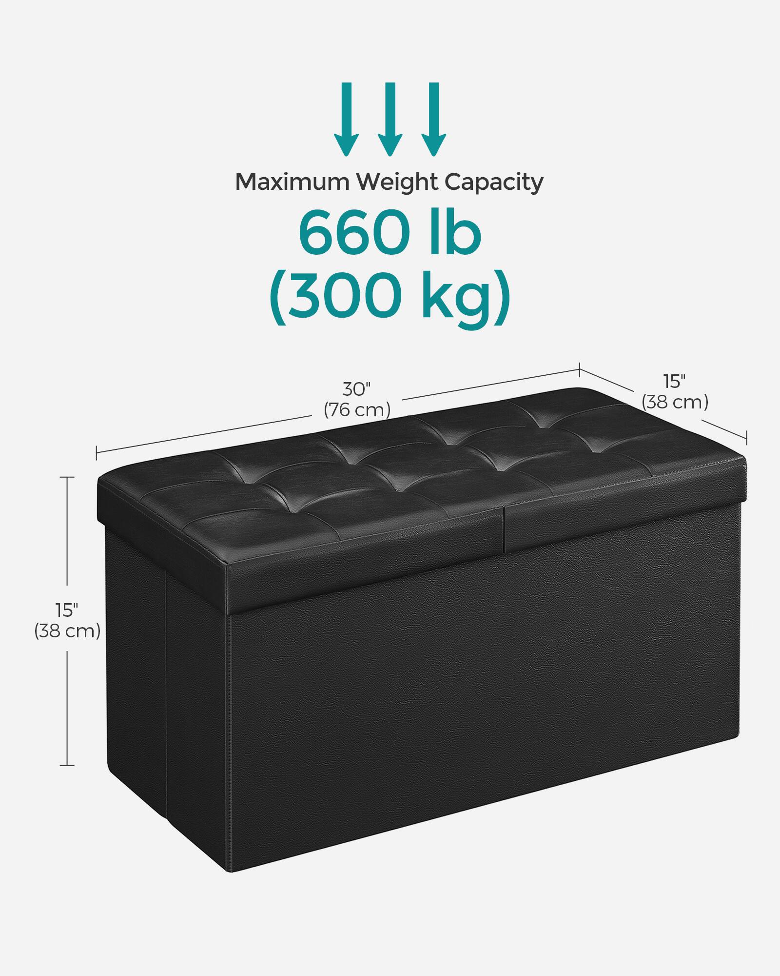 Maximum Weight Capacity: 660 lb (300 kg)

Dimensions:
- Length: 30" (76 cm)
- Width: 15" (38 cm)
- Height: 15" (38 cm)