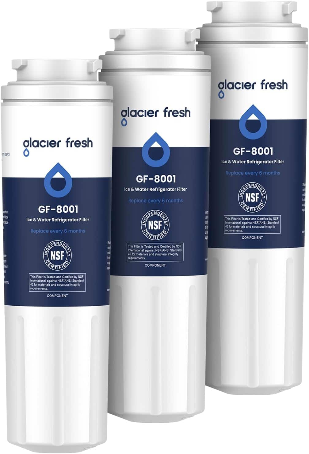 Glacier Fresh
GF-8001
Ice & Water Refrigerator Filter
Replace every 6 months
This Filter is Tested and Certified by NSF International against NSF/ANSI Standard 42 for materials and structural integrity requirements.
NSF Certified
INDEPENDENTLY CERTIFIED
COMPONENT