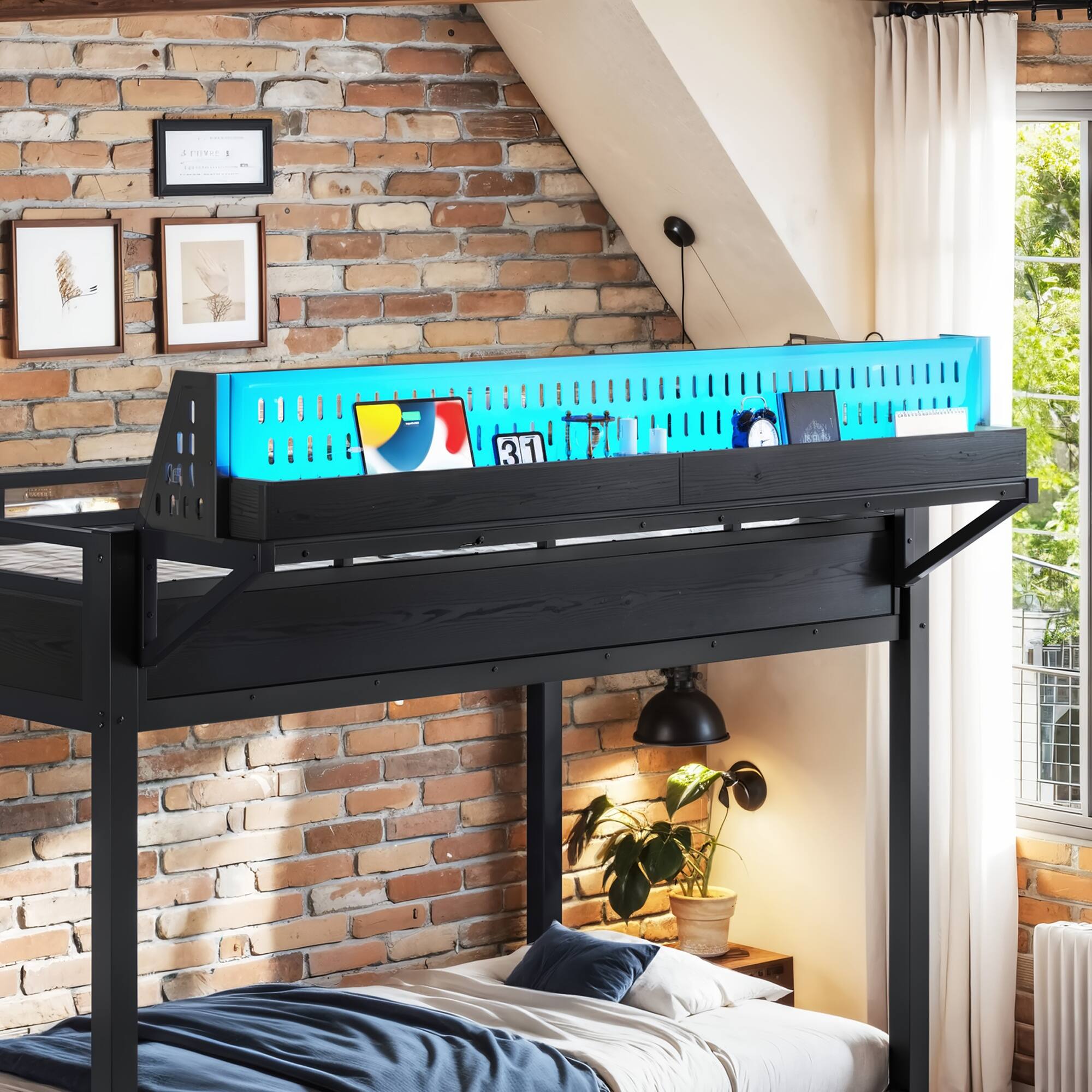 Alt View 4. Boyel Living - Twin XL over Twin XL Size Metal Bunk Bed with Storage Shelves and Pegboard Bunk Bed Frame - Black.
