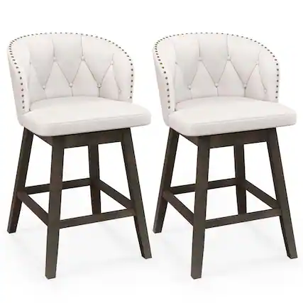 Front. Costway - 2 PCS Counter Height Bar Stools Fabric Upholstered Island Stools with 360° Swivel Seat - Beige/Brown.
