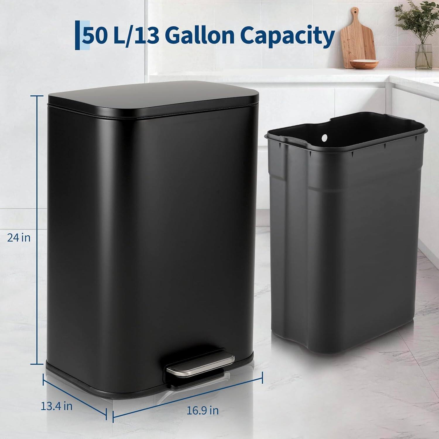 50 L/13 Gallon Capacity  
24 in x 13.4 in x 16.9 in
