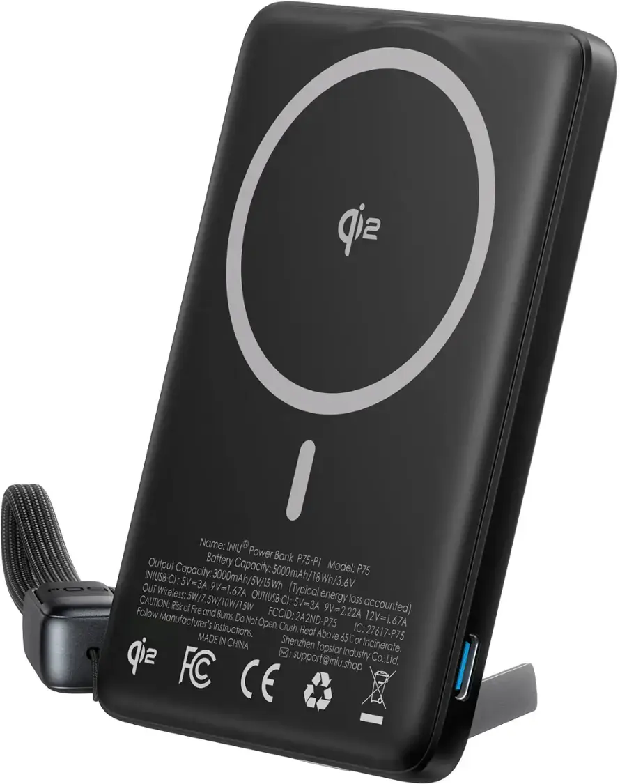 The text on the image reads:

Name: INIU Power Bank
Output Battery Capacity: 5000mAh/18Wh/3.6V
Model: P75-P1
Capacity: 5000mAh/18Wh/3.6V
INIU USB-C: 5V=3A 3000mAh/5V/15Wh
Wireless: 9V=1.67A 67A (Typical)
CAUTION: 5W/7.5W/10W/15W OUTIUSB-CI: 5V=3A energy loss
Follow Manufacturer's Instructions. Do Not Open.
FCCID: 2A2ND-P75
Crush, IC: 12V=1.67A
Heat Above 276°F (80°C) or 65°C
Made in China
Shenzhen Industry Co..Ltd.
FC CE