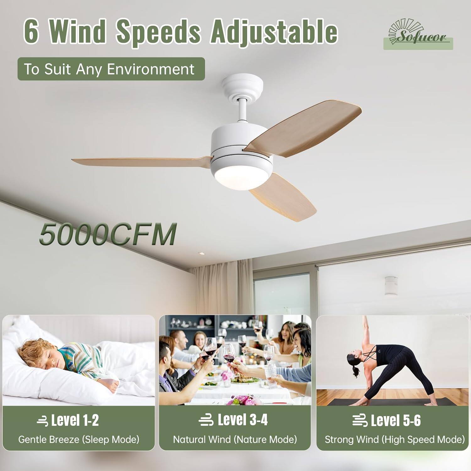 6 Wind Speeds Adjustable  
To Suit Any Environment  

5000CFM  

Level 1-2  
Gentle Breeze (Sleep Mode)  

Level 3-4  
Natural Wind (Nature Mode)  

Level 5-6  
Strong Wind (High Speed Mode)