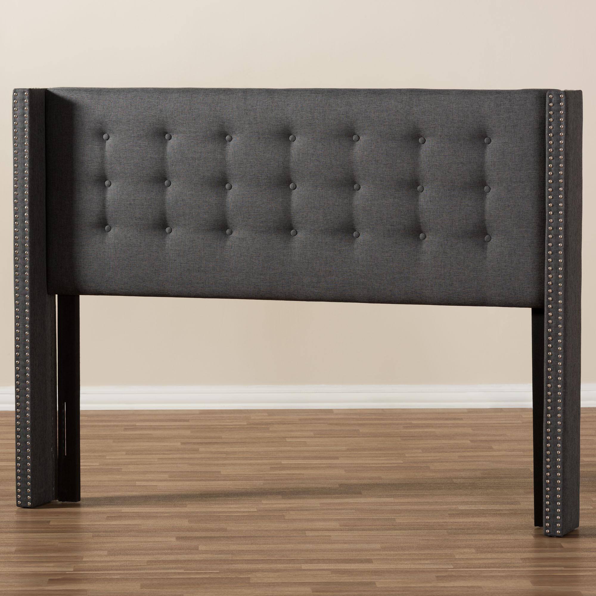 Alt View 2. Baxton Studio - Ginaro Modern And Contemporary Fabric Button-Tufted Nail head King Size Winged Headboard - Dark Grey.