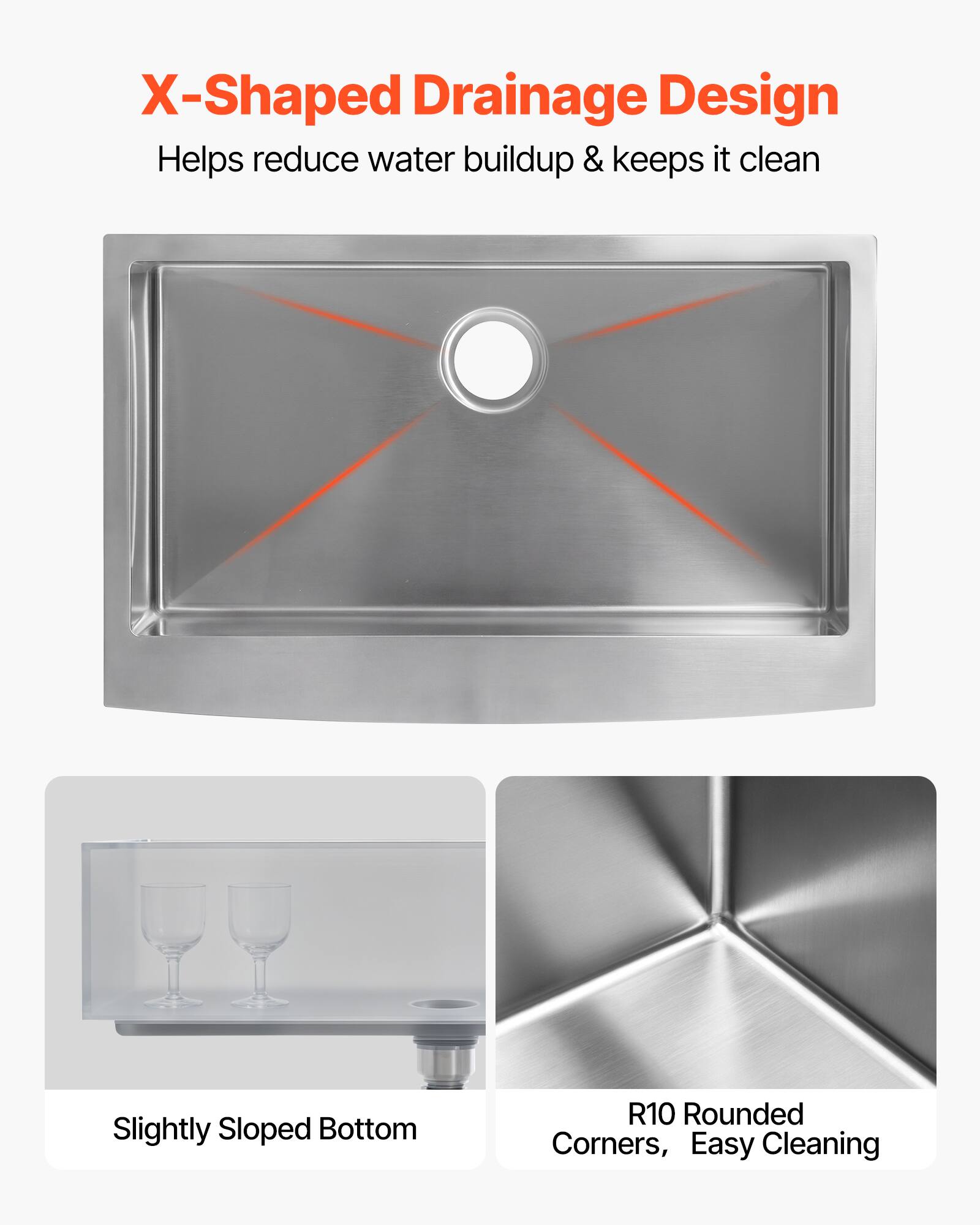 X-Shaped Drainage Design Helps reduce water buildup & keeps it clean  
Slightly Sloped Bottom  
R10 Rounded Corners, Easy Cleaning