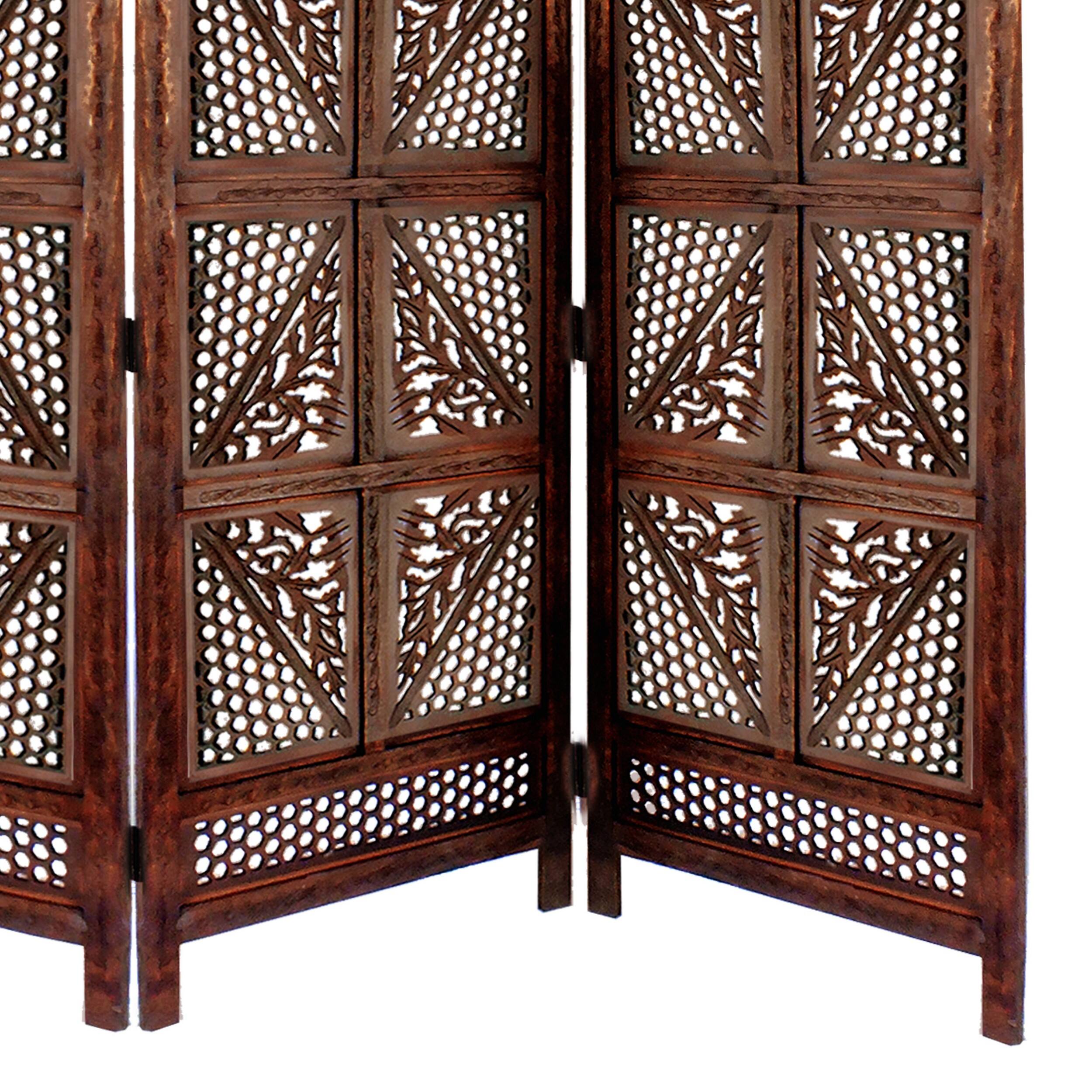 Alt View 2. Manhattan Lane - Traditional Four Panel Wooden Room Divider with Hand Carved Details - Brown.