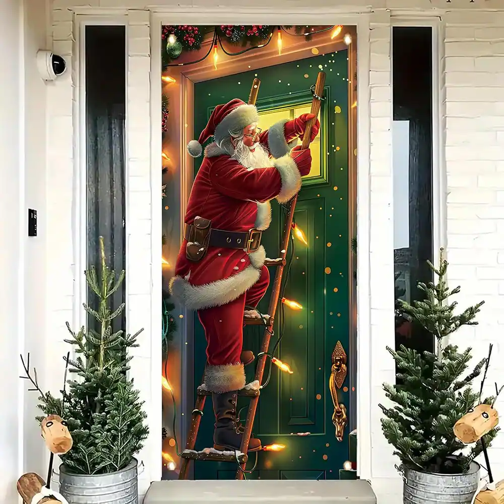 Alt View 2. MOSZAR LLC - Santa Climbing Door Banner, 71×35 in, Green with Holiday Lights, Christmas Decor - red.