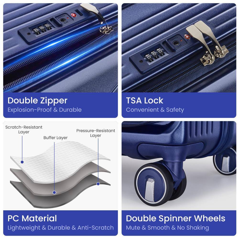- Double Zipper: Explosion-Proof & Durable
- TSA Lock: Convenient & Safety
- PC Material: Lightweight & Durable & Anti-Scratch
- Double Spinner Wheels: Mute & Smooth & No Shaking
- Scratch-Resistant Layer
- Pressure-Resistant Layer
- Buffer Layer