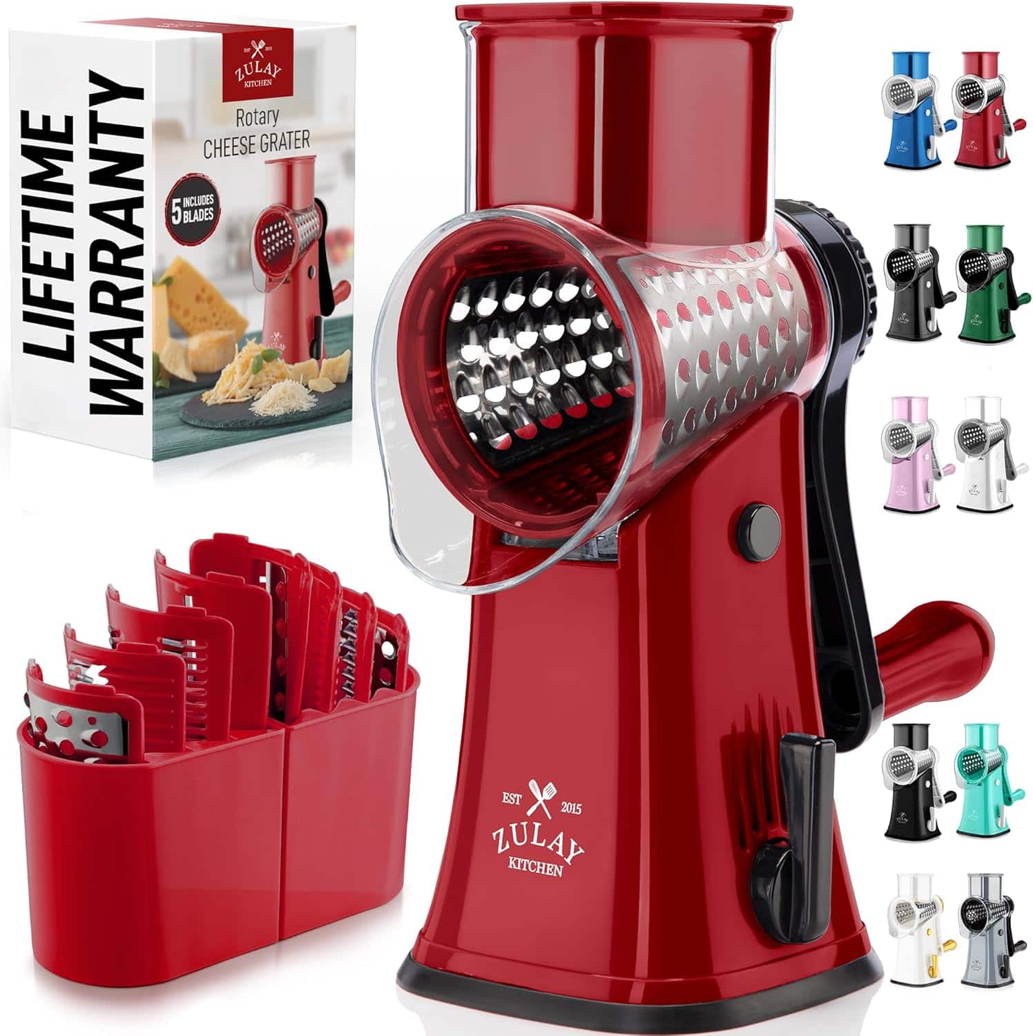 Zulay Kitchen - Rotary Cheese Grater 5 Blade Cheese Shredder - Manual Hand Crank Cheese Grater With Reinforced Suction - Red