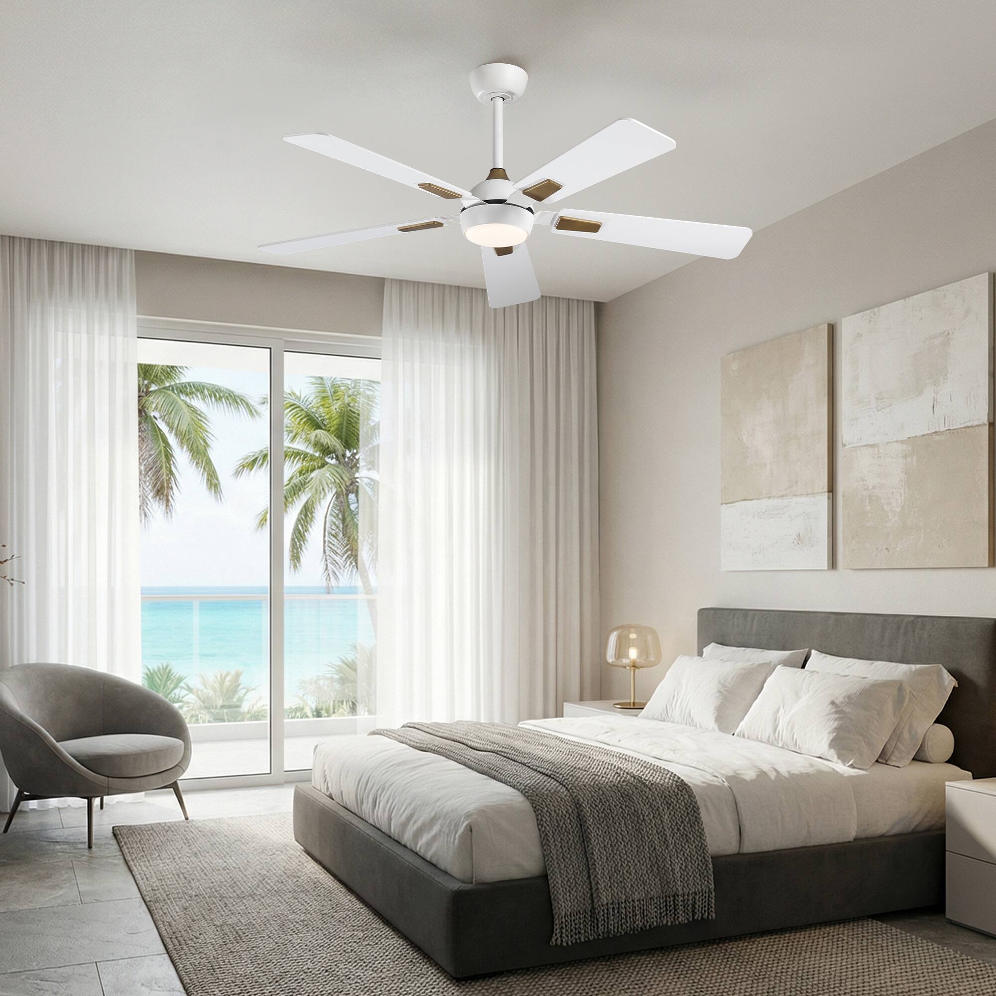 Left. Vaczon - 52 In. Modern Dimmable 3CCT LED Smart Ceiling Fan with Light, Remote and App Control, Double-Sided Blades, 6-Speed - White.