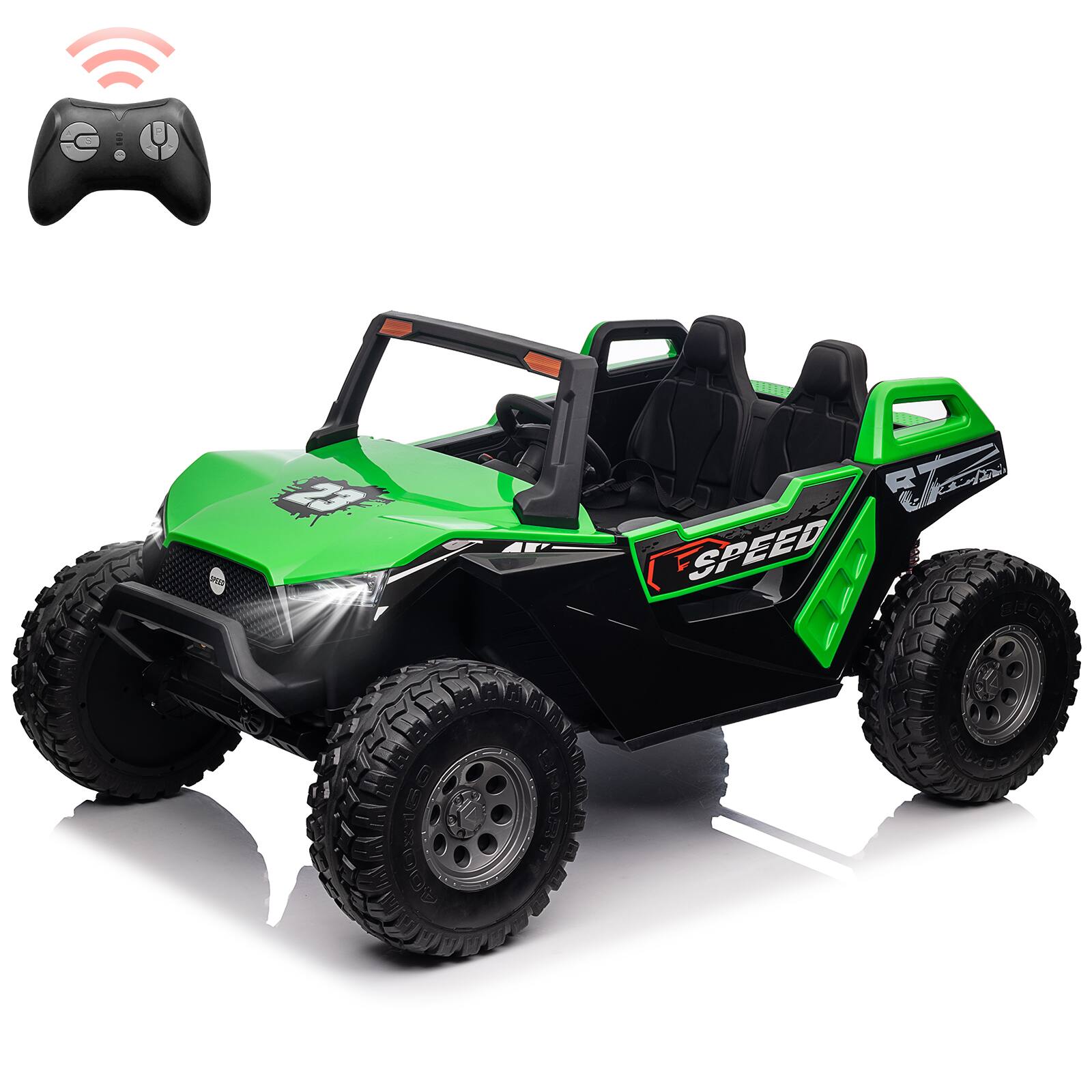 GARVEE - 24V XXL 2-Seater Ride On UTV for Kids, Electric Car w/Remote, 240W Motors, Adjustable Seat & Foldable Stool - Green