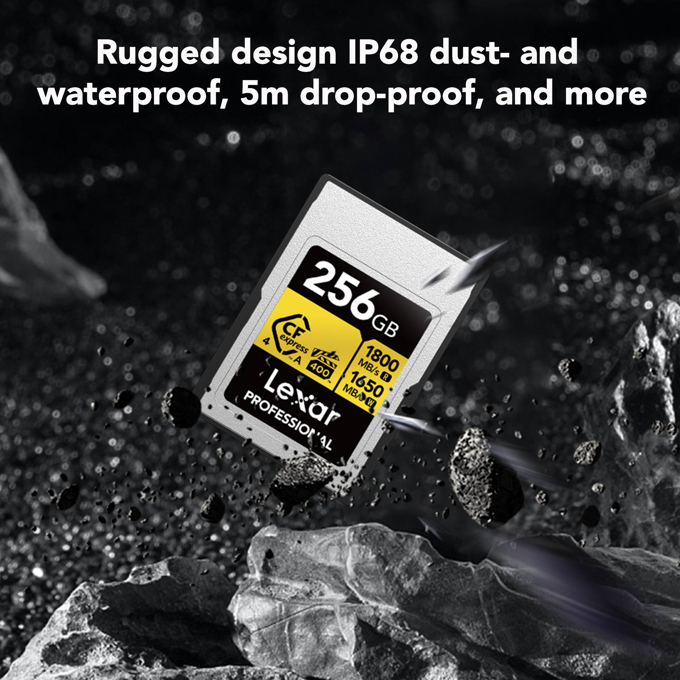 Rugged design IP68 dust- and waterproof, 5m drop-proof, and more

256GB

400 MB/s

1800 MB/s

1650 MB/s

Lexar PROFESSIONAL