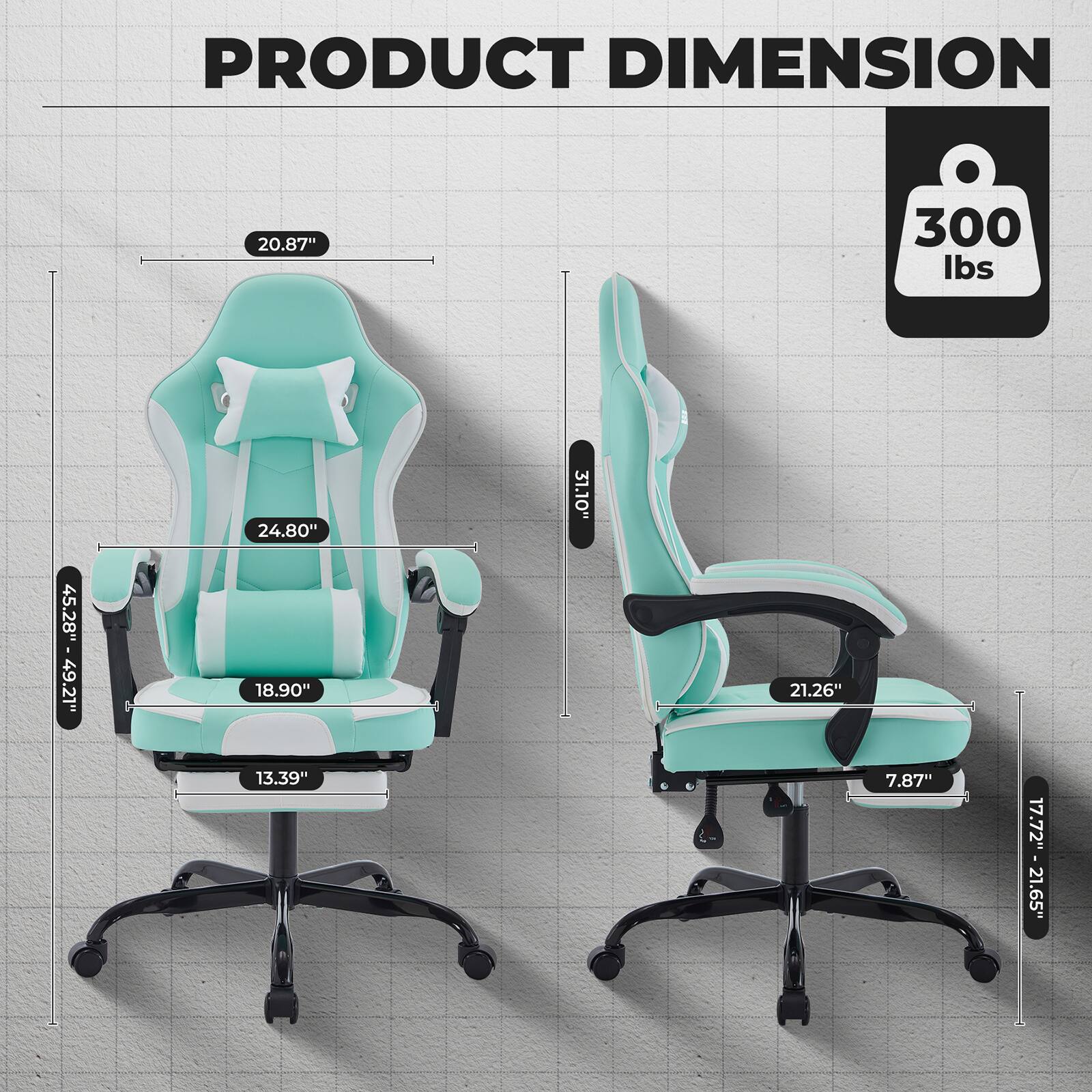 PRODUCT DIMENSION

- Width: 24.80"
- Depth: 18.90"
- Height: 20.87"
- Seat Height: 13.39"
- Armrest Height: 21.26"
- Back Height: 31.10"
- Seat Depth: 21.65"
- Weight Capacity: 300 lbs