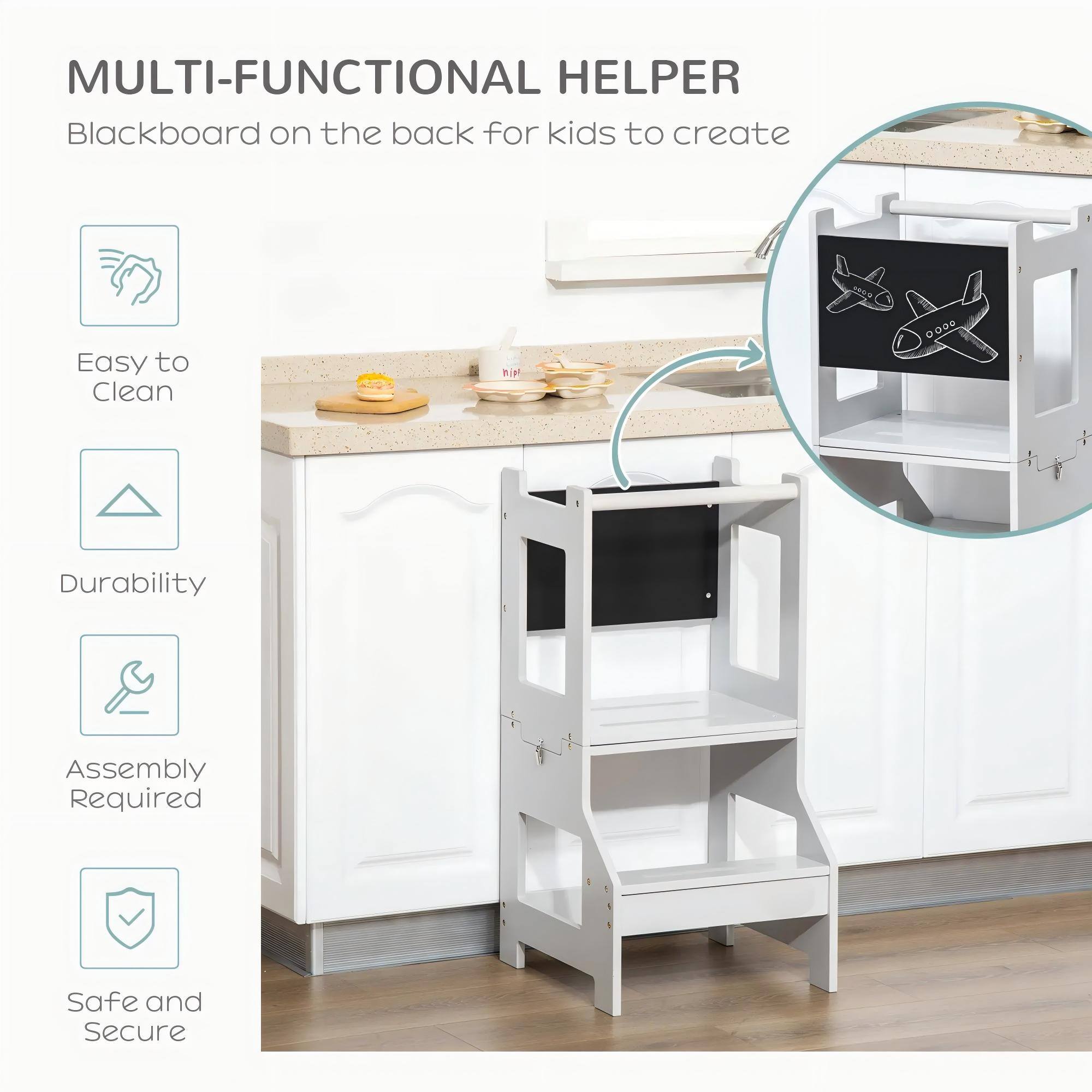 MULTI-FUNCTIONAL HELPER  
Blackboard on the back for kids to create  

- Easy to Clean  
- Durability  
- Assembly Required  
- Safe and Secure