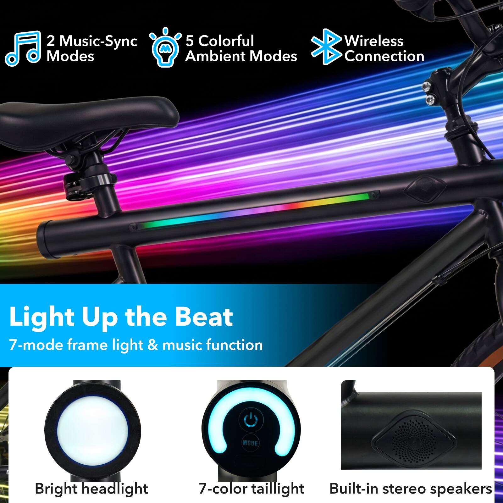 2 Music-Sync Modes  
5 Colorful Ambient Modes  
Wireless Connection  

Light Up the Beat  
7-mode frame light & music function  

Bright headlight  
7-color taillight  
Built-in stereo speakers