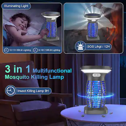 Illuminating Light
Tez 10-11H 60LM Lighting
9-10H 100LM Lighting
SOS Light / 12H
3 in 1 Multifunctional Mosquito Killing Lamp
Insect Killing Lamp 9H