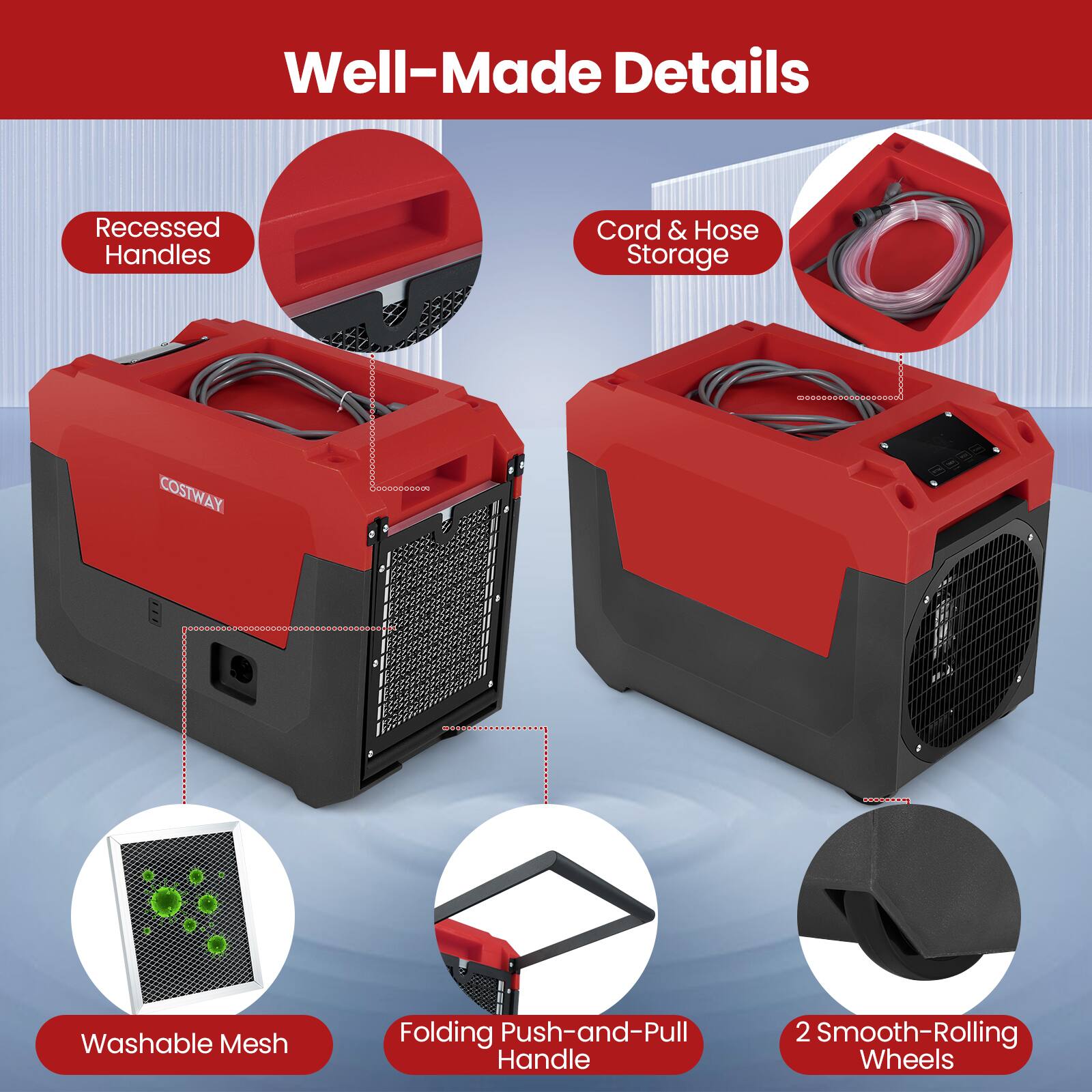 Well-Made Details

- Recessed Handles
- Cord & Hose Storage
- Washable Mesh
- Folding Push-and-Pull Handle
- 2 Smooth-Rolling Wheels