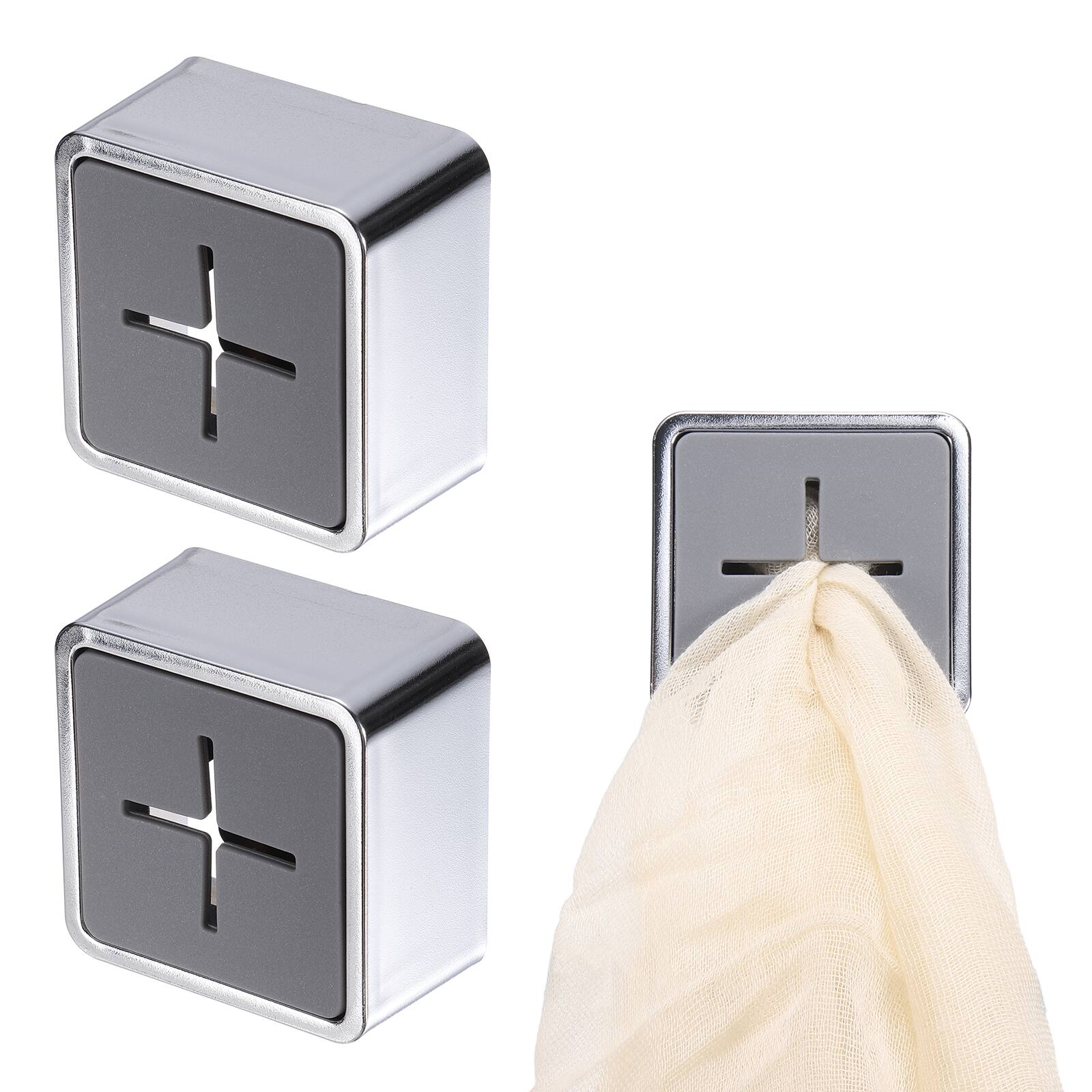 Front. Unique Bargains - 2pcs Push Towel Hooks, Square Adhesive Dish Towel Hook, Easy Wall Mount Holder for Kitchen Bathroom Hand Towels - Bright Gray.