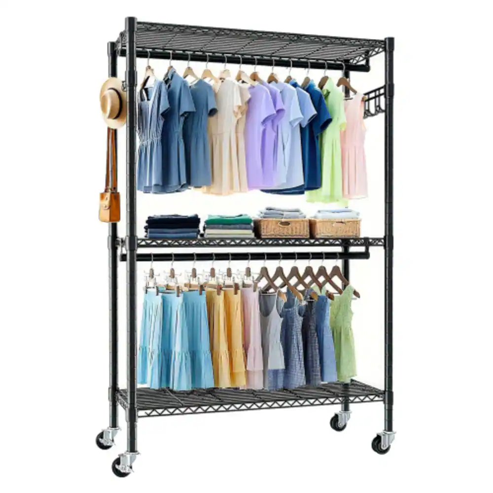 Alt View 2. LUCKY ONE - Rolling Heavy Duty Garment Rack w/ 3 Shelves 2 Rods Side Hooks Wheels - Black.