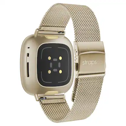 Front. StrapsCo - Pro Mesh Strap Stainless Steel Watch Band For Fitbit Versa 4 (Medium-Long) - Soft Gold.