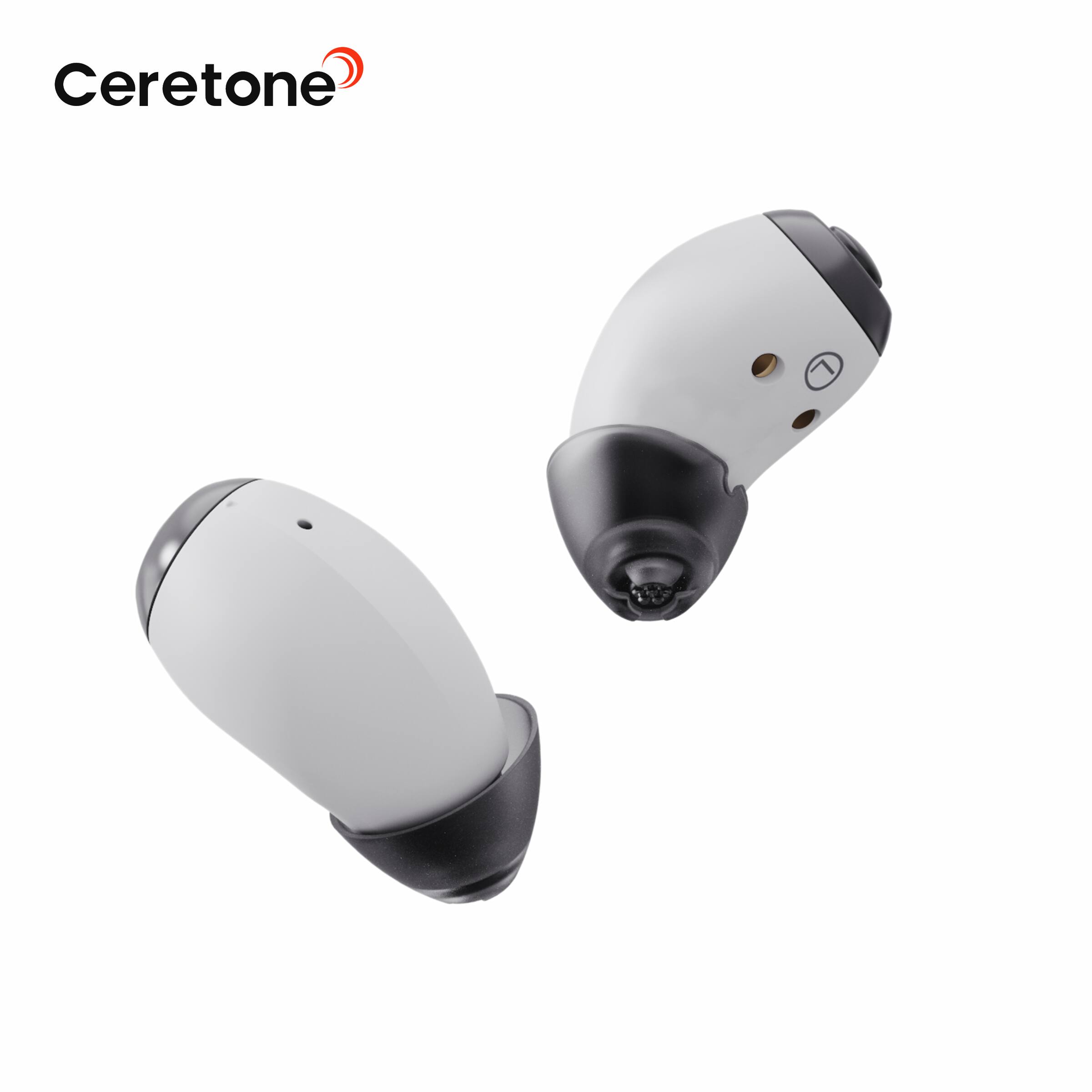 Left. Ceretone - Style OTC Hearing Aid – Clear Sound with Noise Reduction, Ergonomic Fit, Sleek Modern Design, Water & Dust Resistant - White.