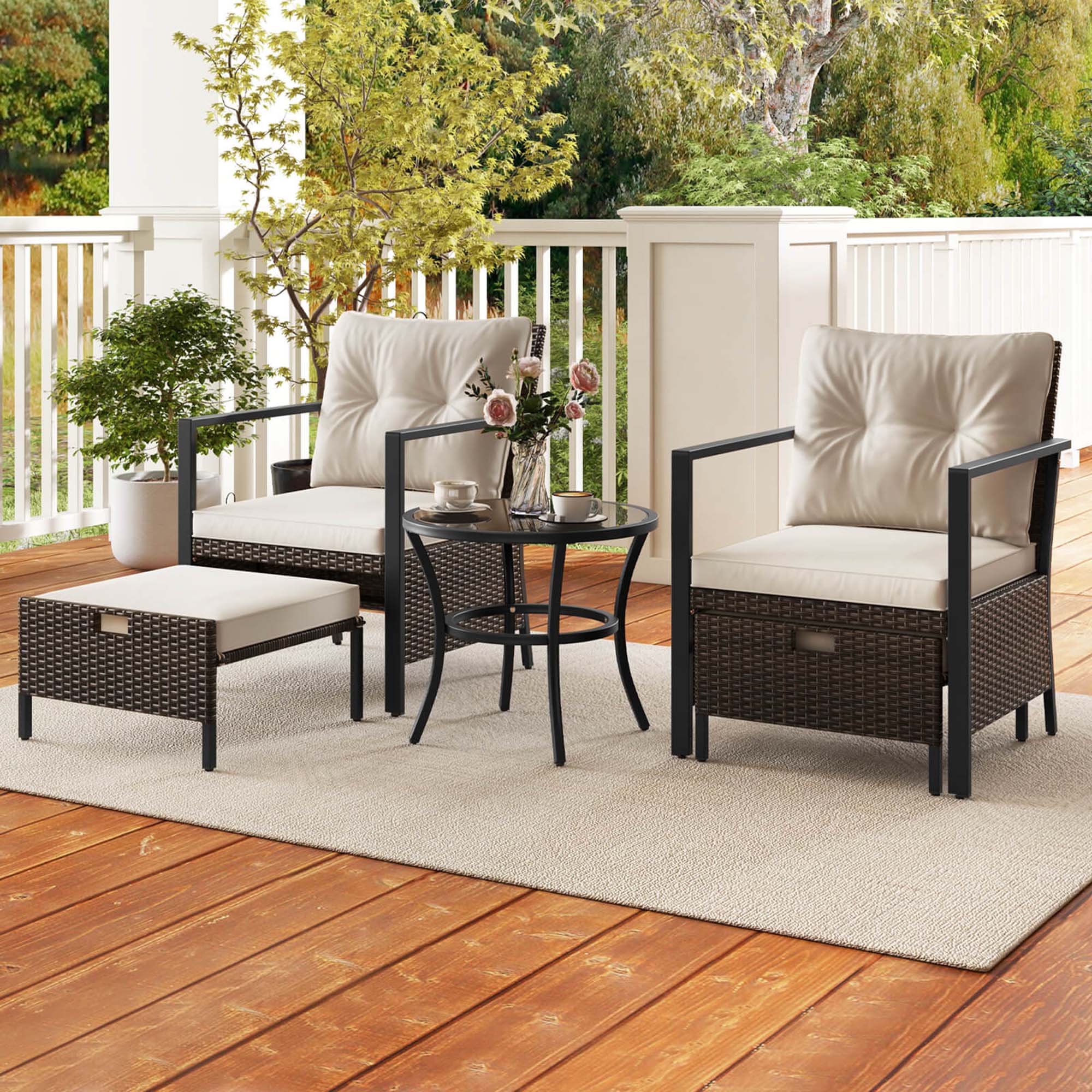 Alt View 3. Costway - Costway 5 PCS Outdoor Furniture Set Rattan Chairs & Ottomans with Glass Topped Coffee Table - White.