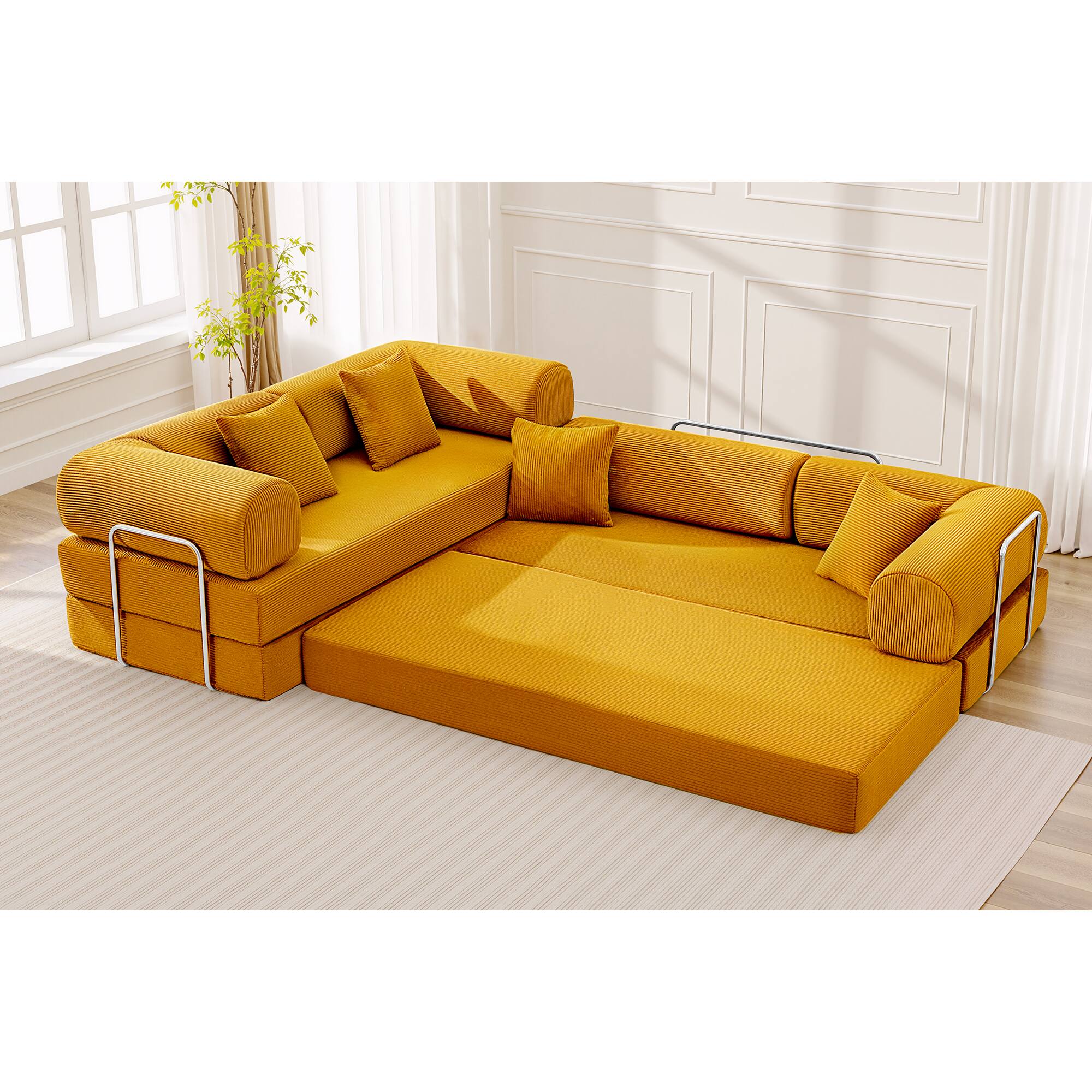 Alt View 7. KERDOM - Upholstered L Shaped Modular Sofa Bed with Chaise, Corduroy Folding Floor Convertible Sofa Couch Bed for Living Room - Ginger Yellow.