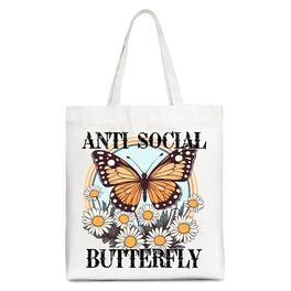 OrnamentallyYou - Anti Social Butterfly Canvas Tote Bag, Retro Gift Shopper for Quirky and Independent Women - White