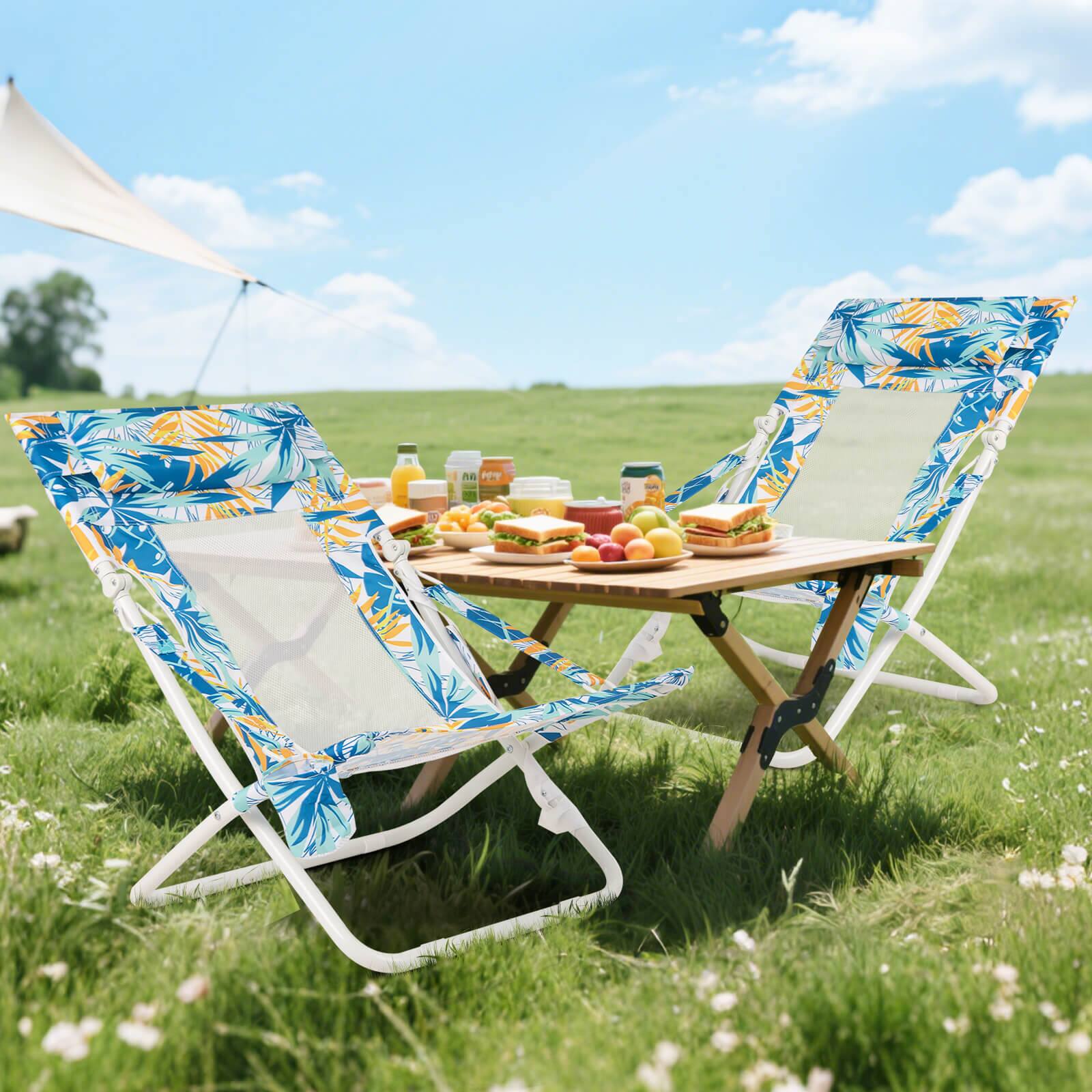 Alt View 1. Costway - Costway Folding Low Beach Chair, Set of 2 with Padded Head Pillow, Mesh Back, Cup Holder - Blue.