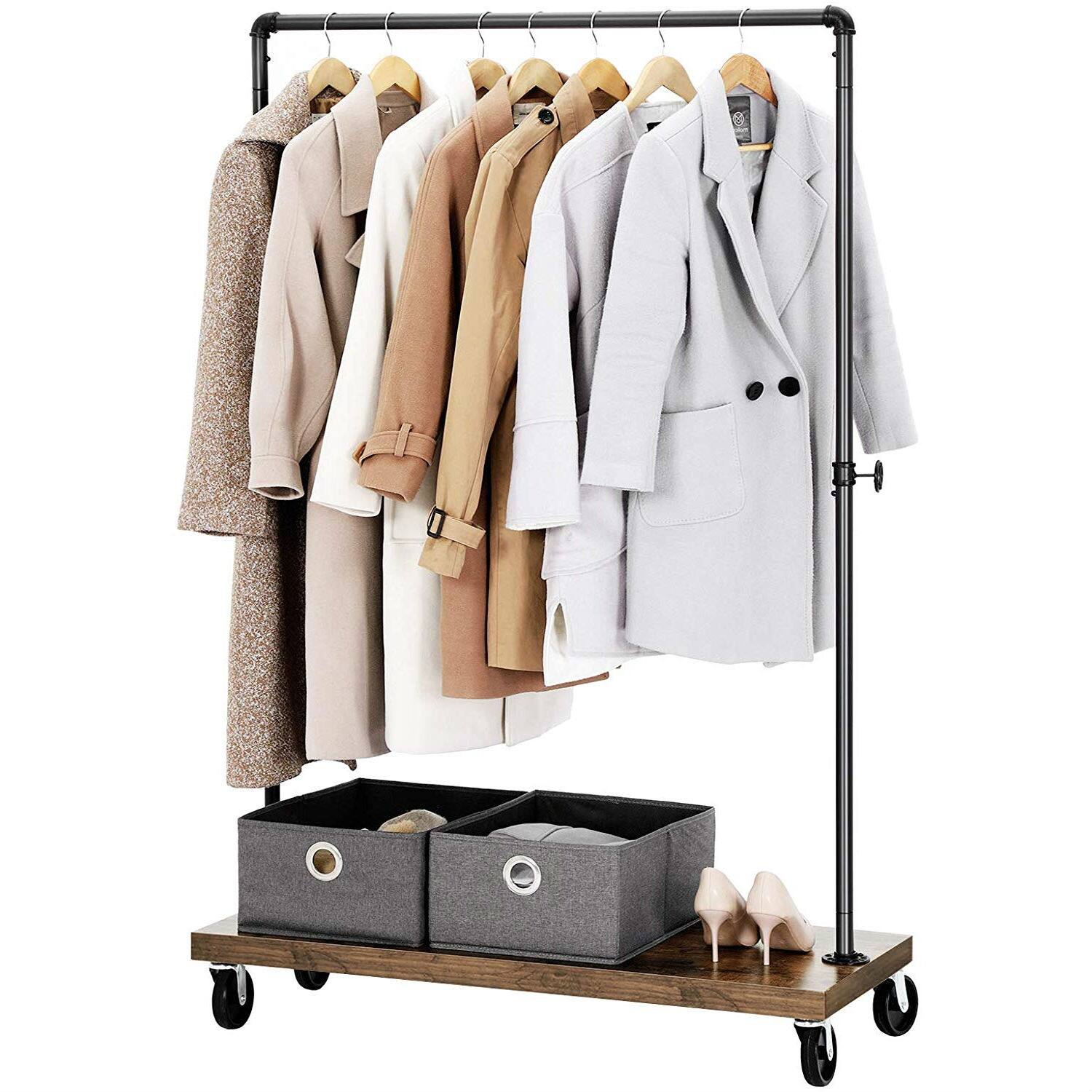 Angle. Hivvago - Rustic Industrial Laundry Pipe Garment Rack Lockable Wheels - Rustic Brown.
