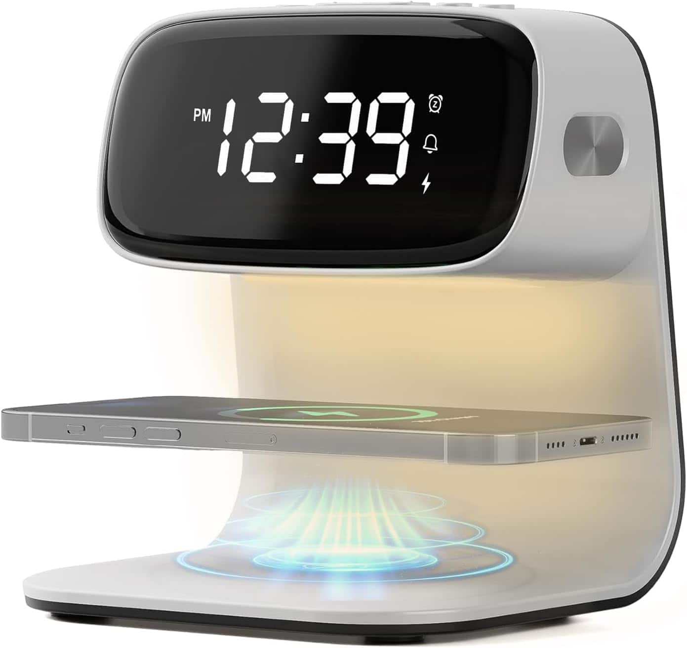 Stamp n Camp - Digital Alarm Clock with Wireless Fast Charging Station 15W Touch Smart Lamp for Bedside,3 Colors Nightlight Adjustment - White+cable&adapter