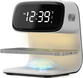 Stamp n Camp - Digital Alarm Clock with Wireless Fast Charging Station 15W Touch Smart Lamp for Bedside,3 Colors Nightlight Adjustment - White+cable&adapter