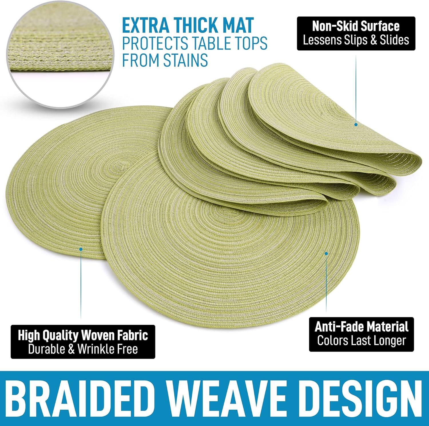 Here is the corrected and grouped text:

- **Extra Thick Mat**: Protects table tops from stains.
- **Non-Skid Surface**: Lessens slips & slides.
- **High Quality Woven Fabric**: Durable & wrinkle-free.
- **Anti-Fade Material**: Colors last longer.
- **Braided Weave Design**.