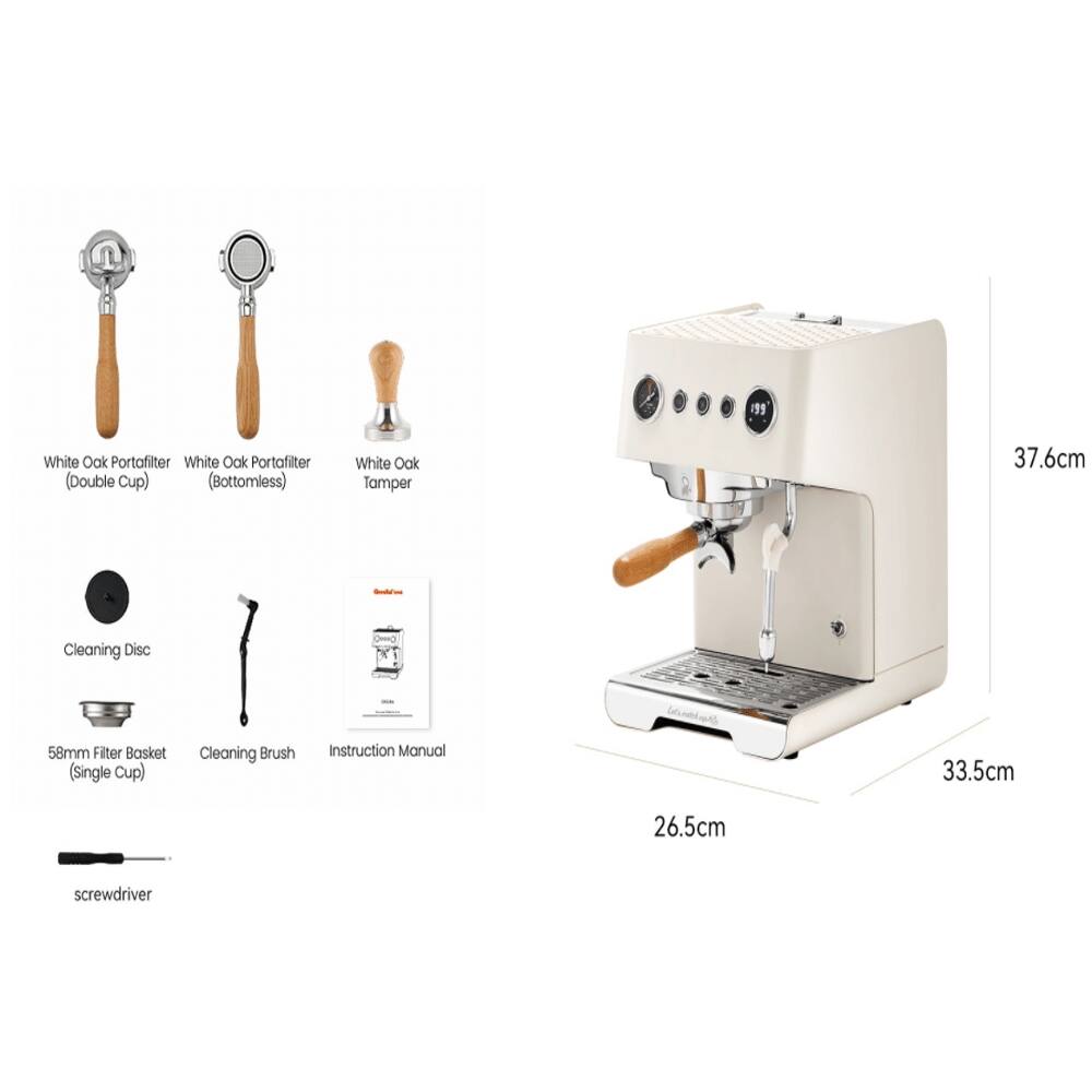 199 White Oak Portafilter White Oak Portafilter (Double Cup) (Bottomless) White Oak Tamper 37.6cm Cleaning Disc 58mm Filter Basket (Single Cup) Cleaning Brush Instruction Manual 33.5cm 26.5cm screwdriver